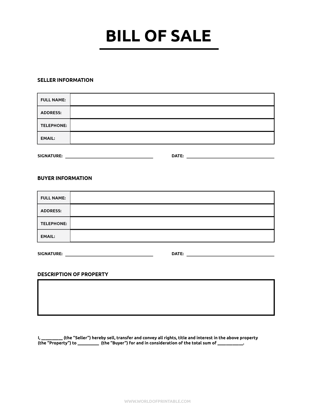 Bill Of Sale Template Printable Free