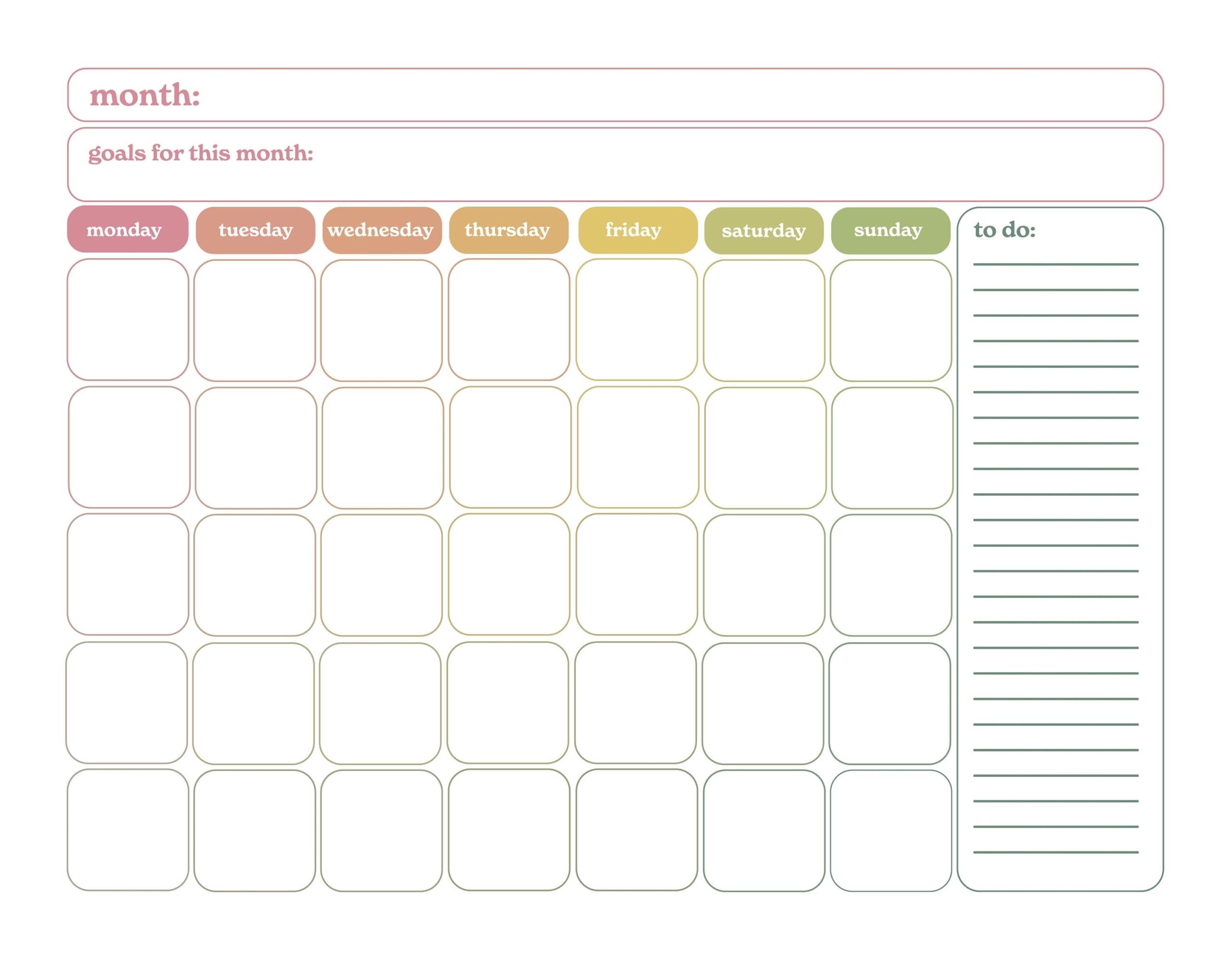 Printable Blank Calendar Rainbow Instant Download