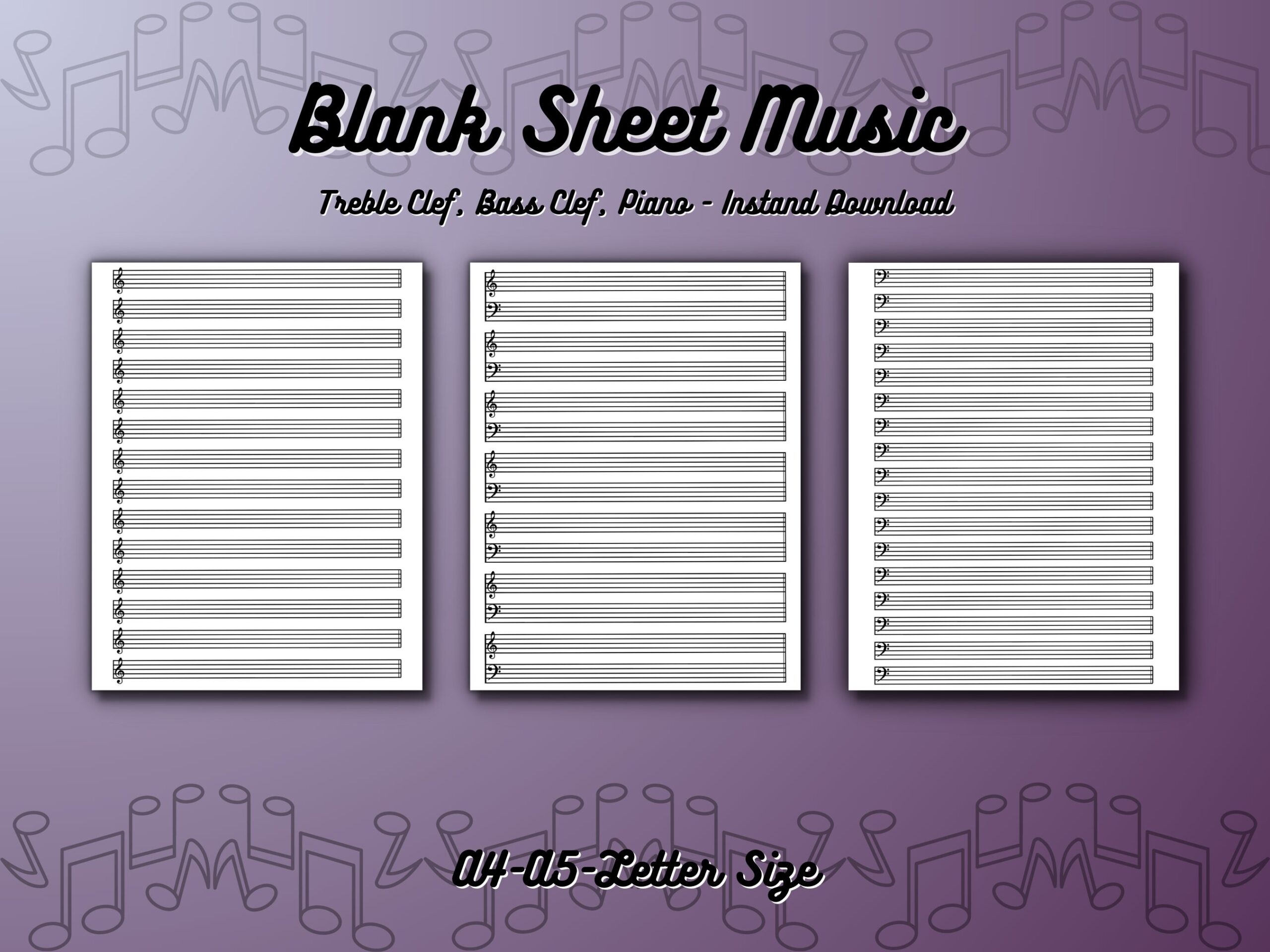 Printable Blank Sheet Music Treble Clef Bass Clef Piano Three PDF Sizes US Letter Size A4 Size And A5 Sizes Etsy