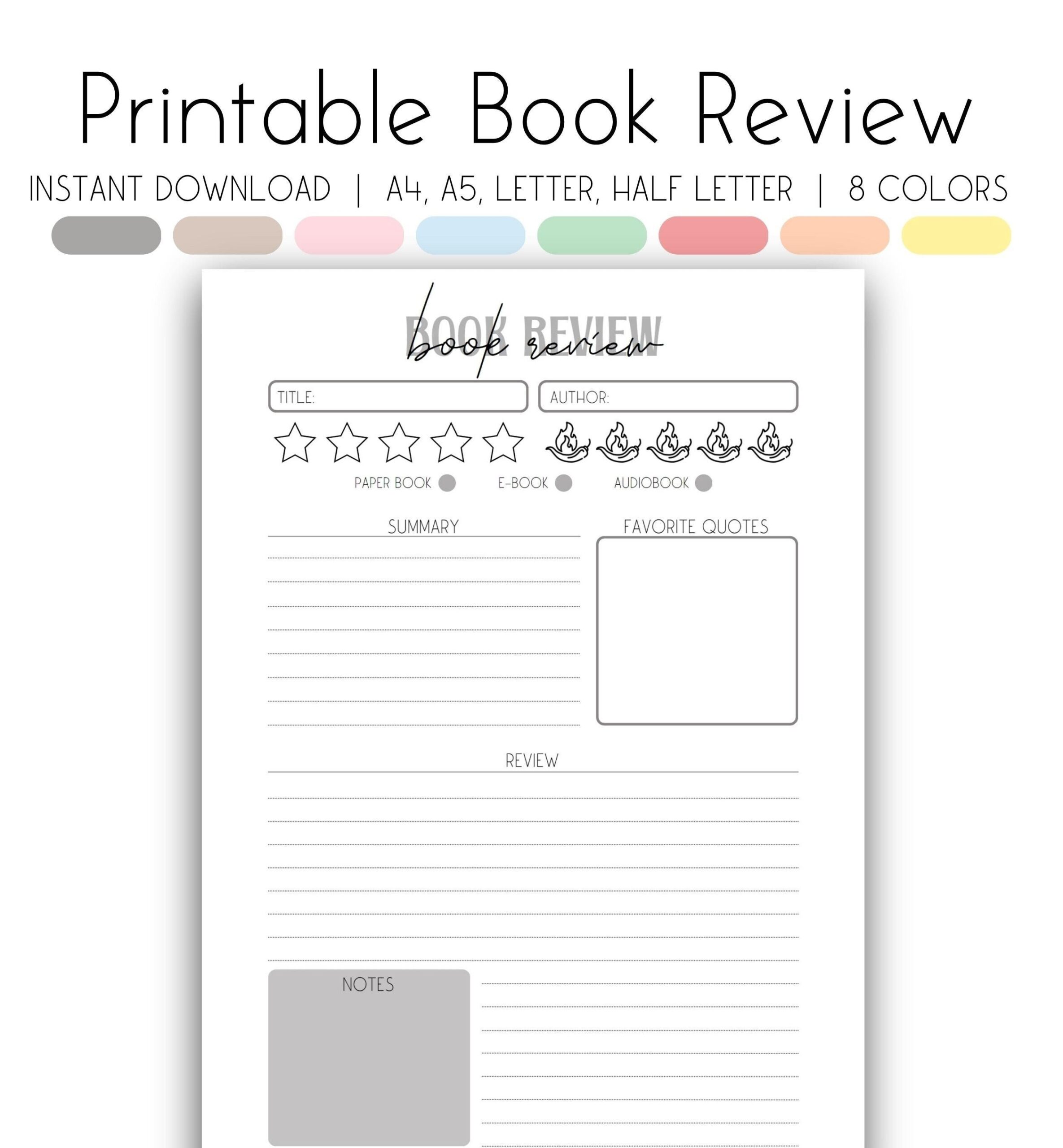 Printable Book Review Template Reading Log Book Journal A4 A5 Letter Half Letter Reading Tracker For Book Club And Book Lovers Etsy