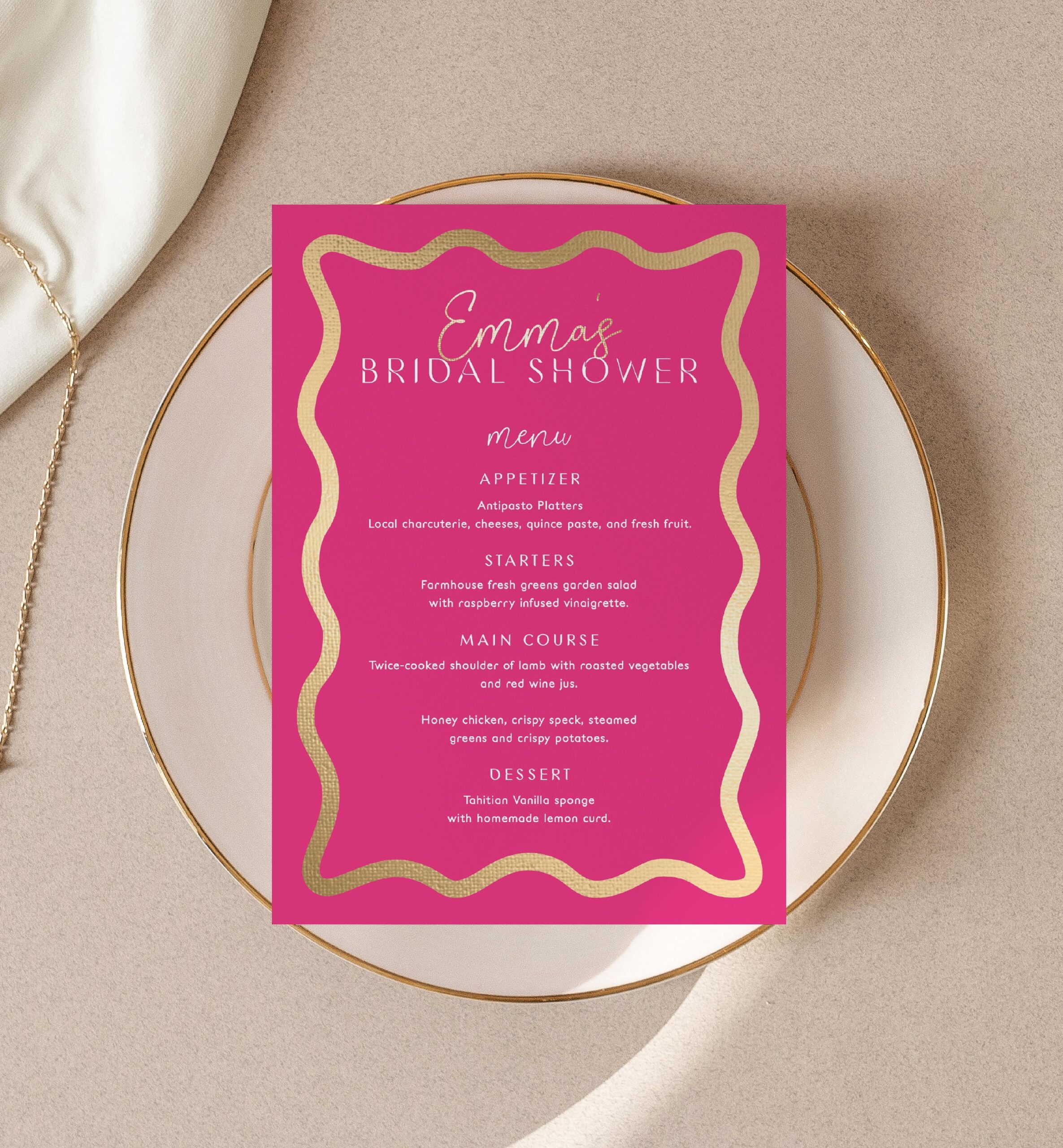 Printable Bridal Shower Menu Template Wave Curvy Line Hot Pink Gold Editable Hens Party Menu Baby Shower Menu Brunch Menu Lunch Menu Etsy