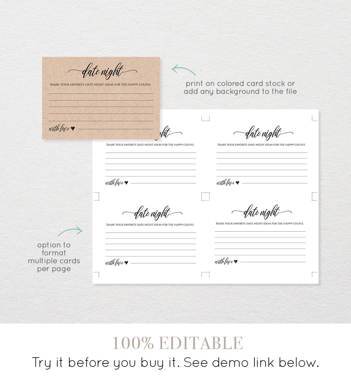Printable Date Night Idea Card DIY Wedding Advice Template Bridal Shower Game Fully Editable Instant Download Digital 023 108EC 020
