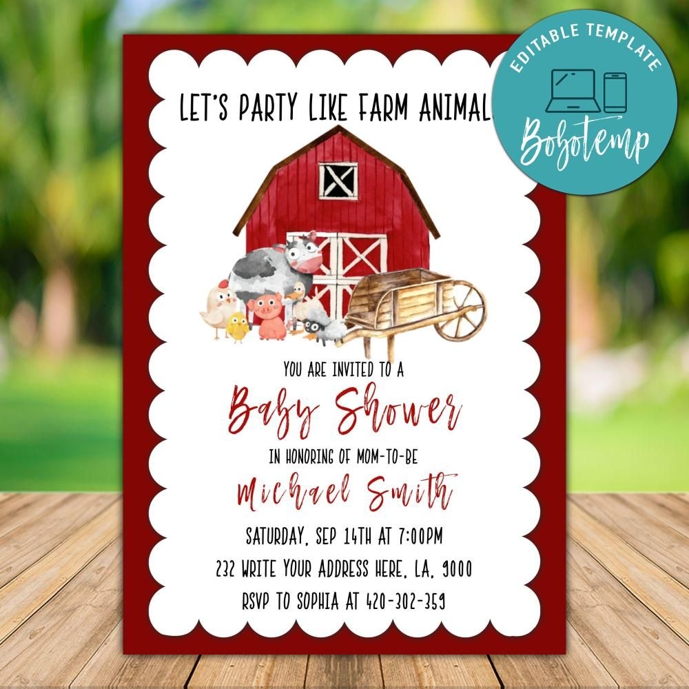 Printable Farm Animal Baby Shower Invitation Instant Download Bobotemp