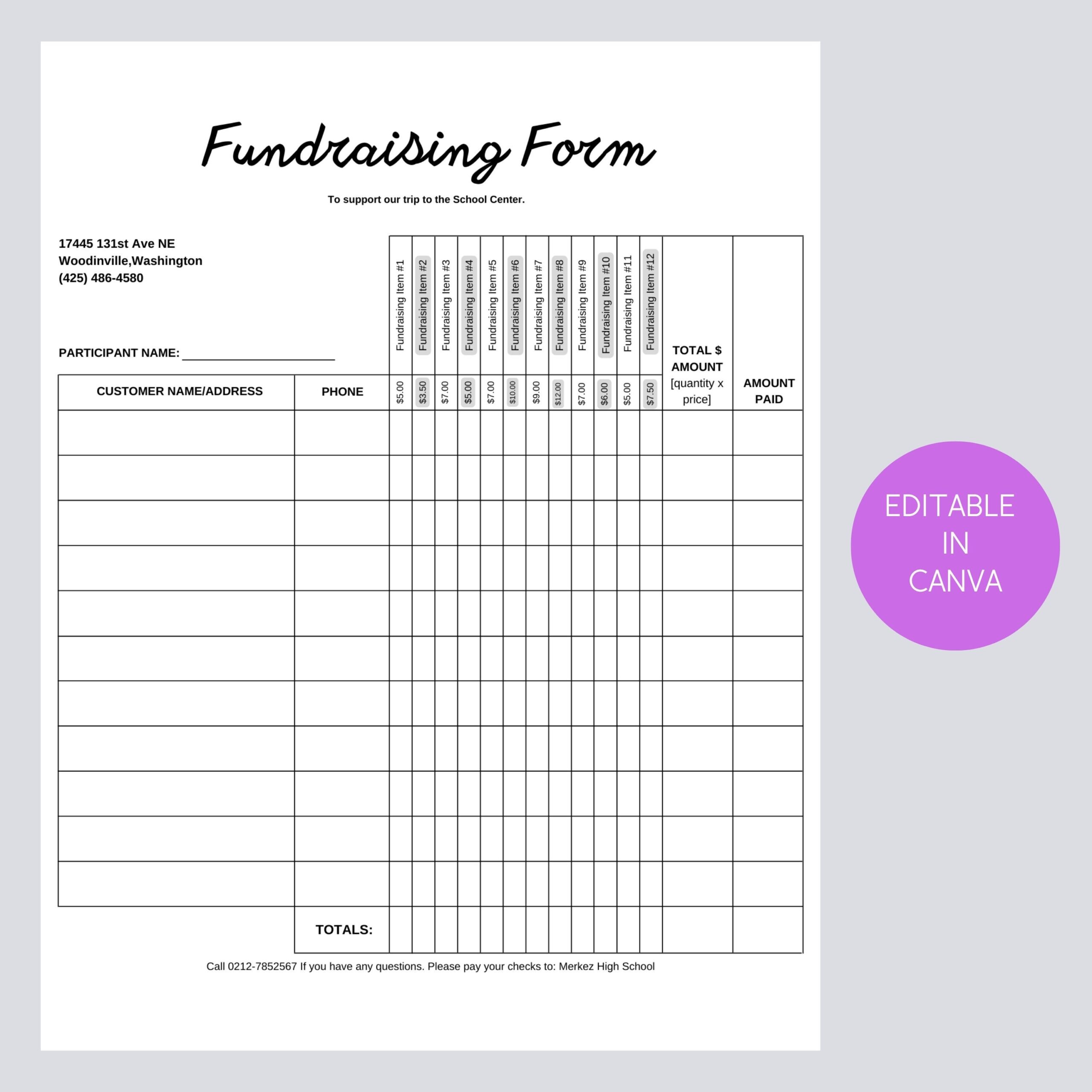 Printable Fundraising Form Order Tracking Page Canva Template 12 Item Columns With Prices 11 Customer Rows Custom zable