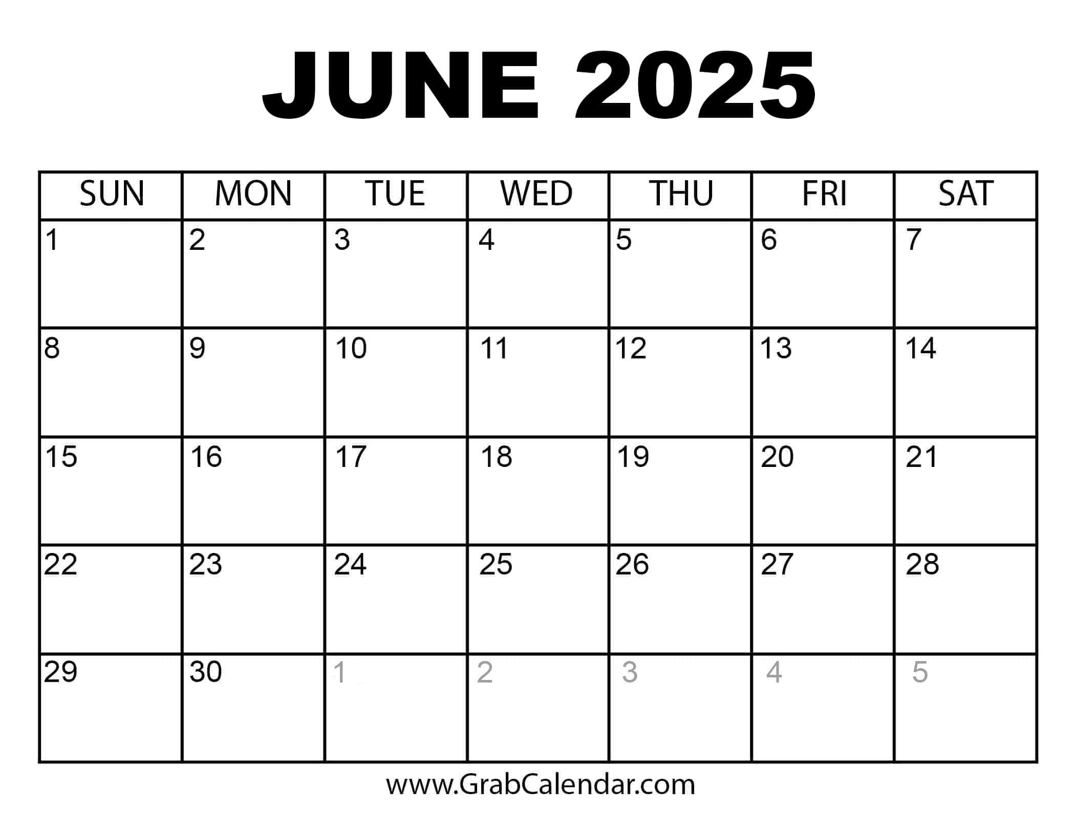 June Calendar Blank Template Printable Kids