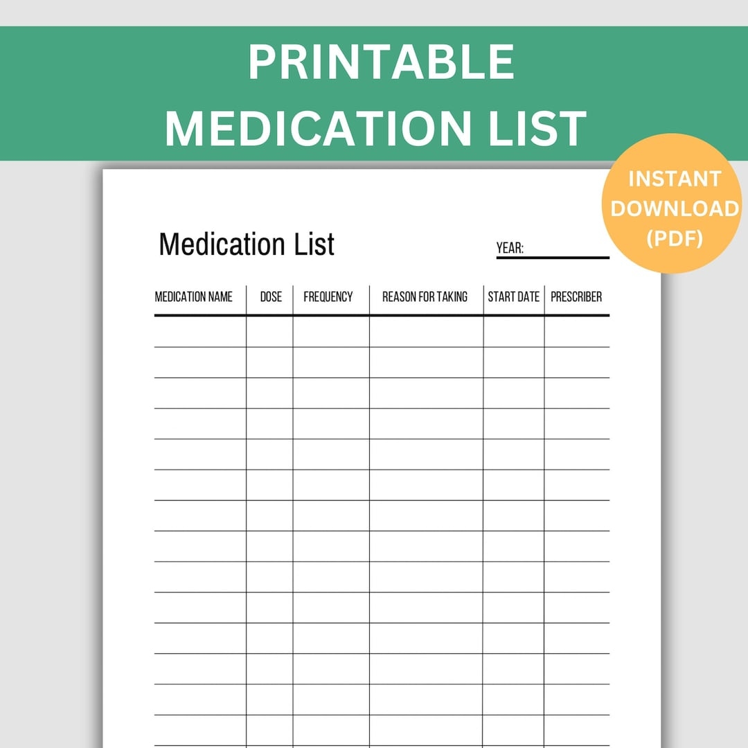 Printable Medication List Template Track Medications Instant Download To Keep Track Of Medicines Caregiver Resource Supplement List Etsy UK