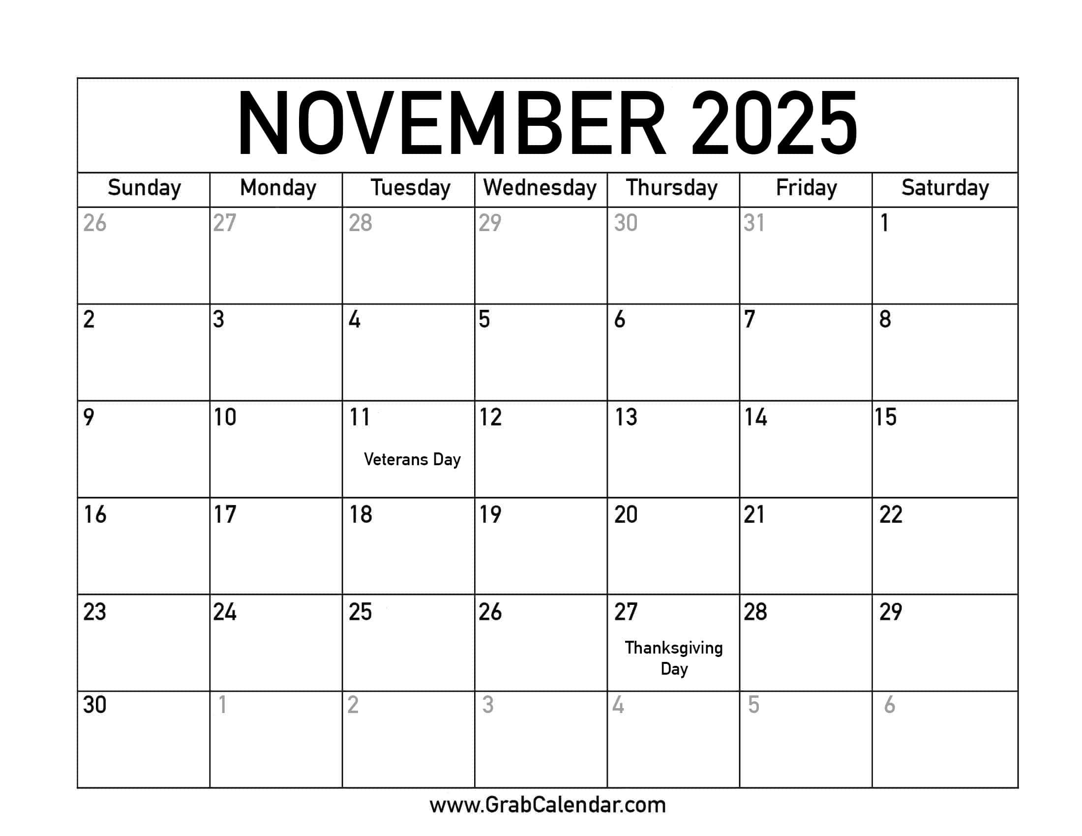 Printable November 2025 Calendar Printable November 2025 Calendar