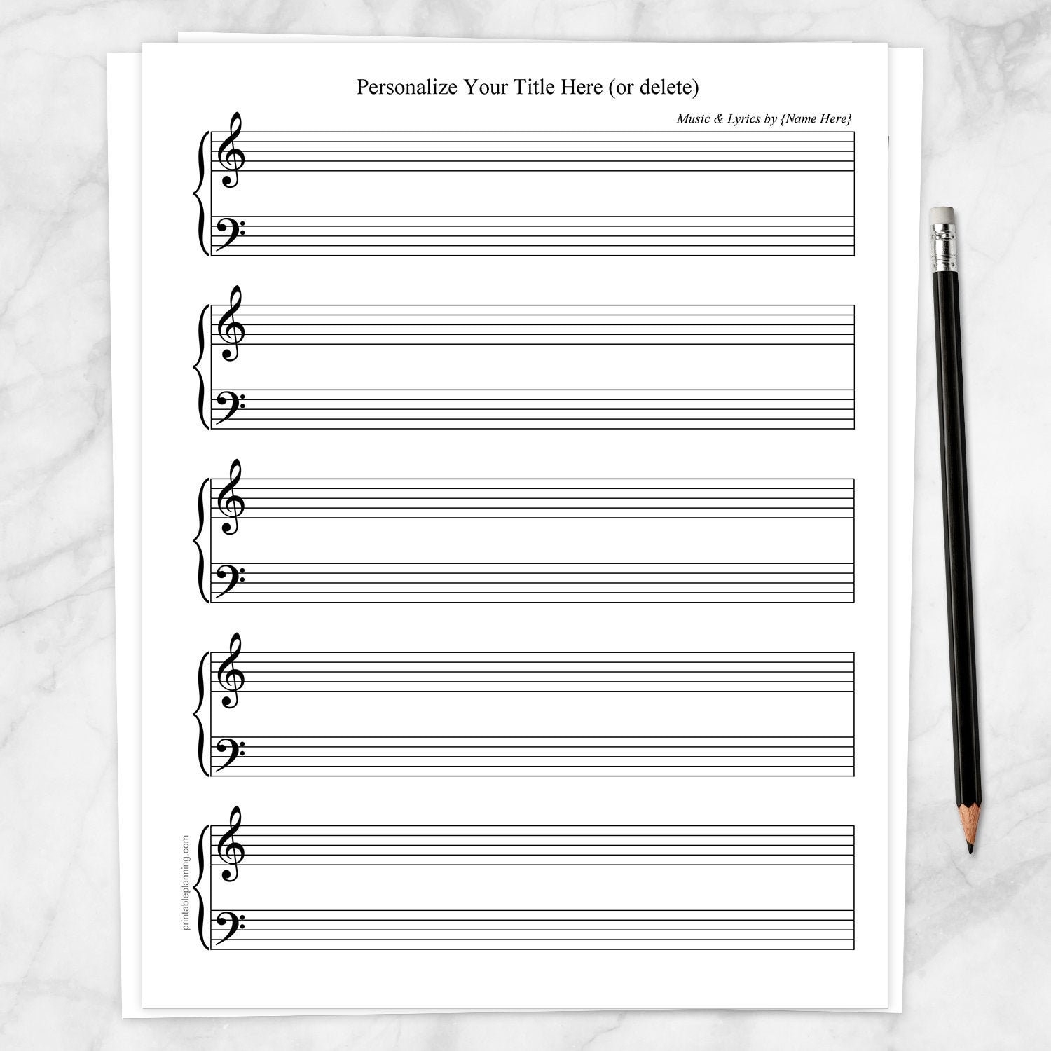 Printable Personalized Sheet Music BLANK Piano And Vocals 