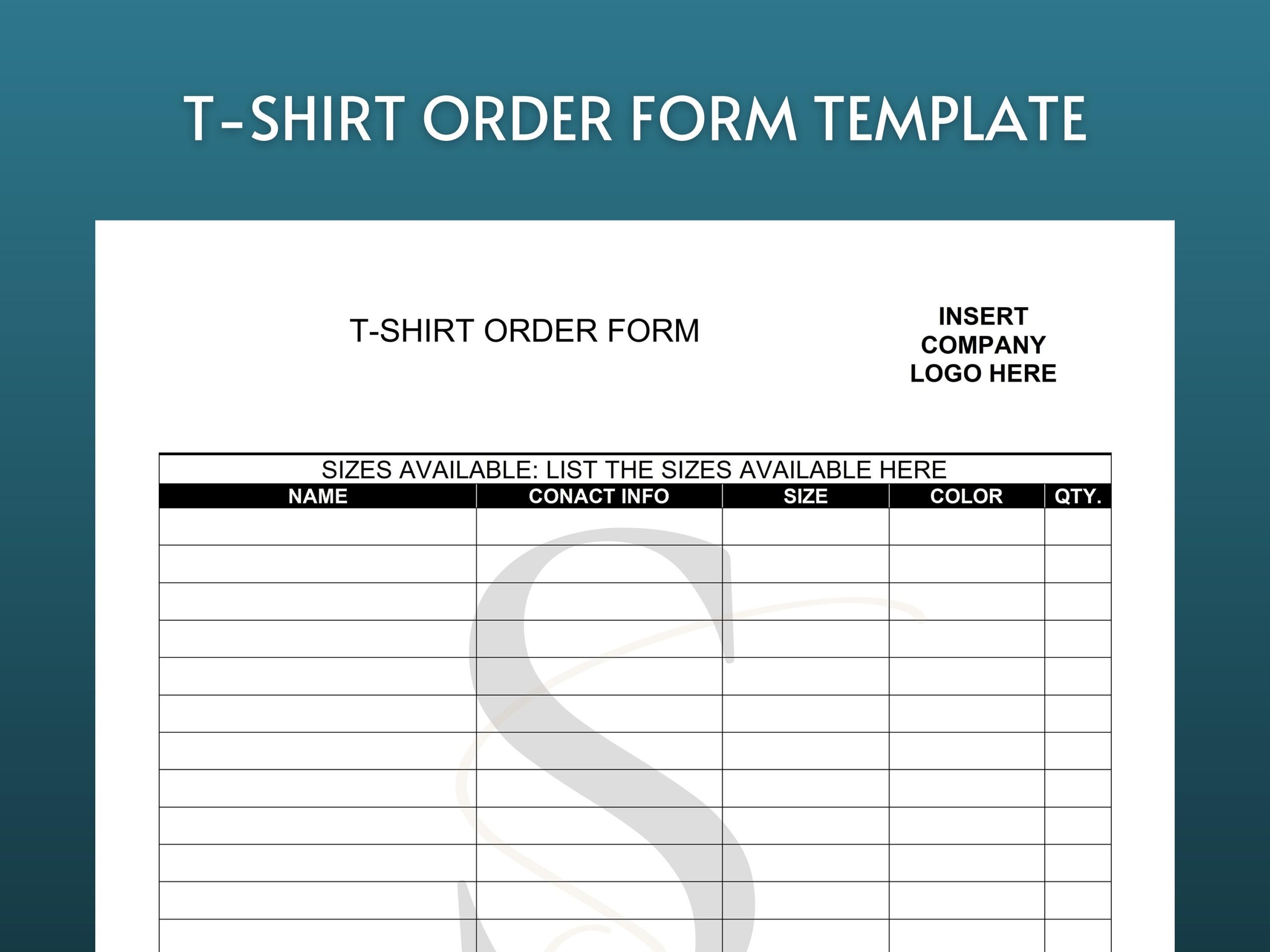 Printable T Shirt Order Form Template Digital Download Editable 