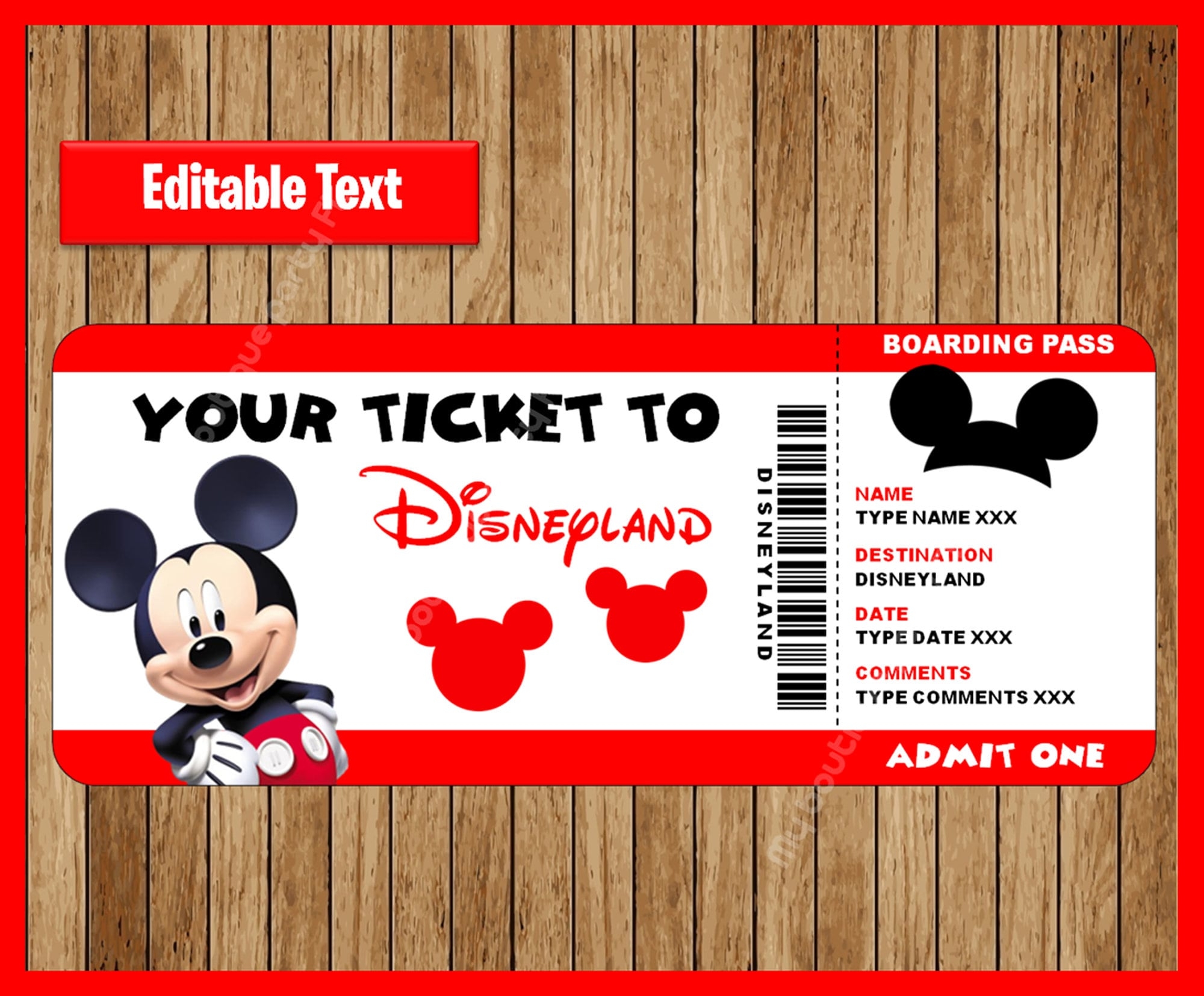 Printable Ticket To Disneyland Surprise Trip Birthday Gift Disneyland EDITABLE Text Mickey Mouse INSTANT DOWNLOAD Etsy