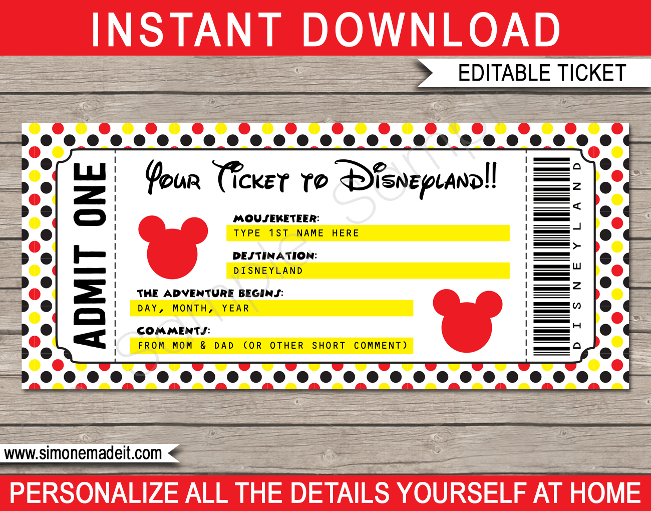 Disneyland Tickets Free Printable Template