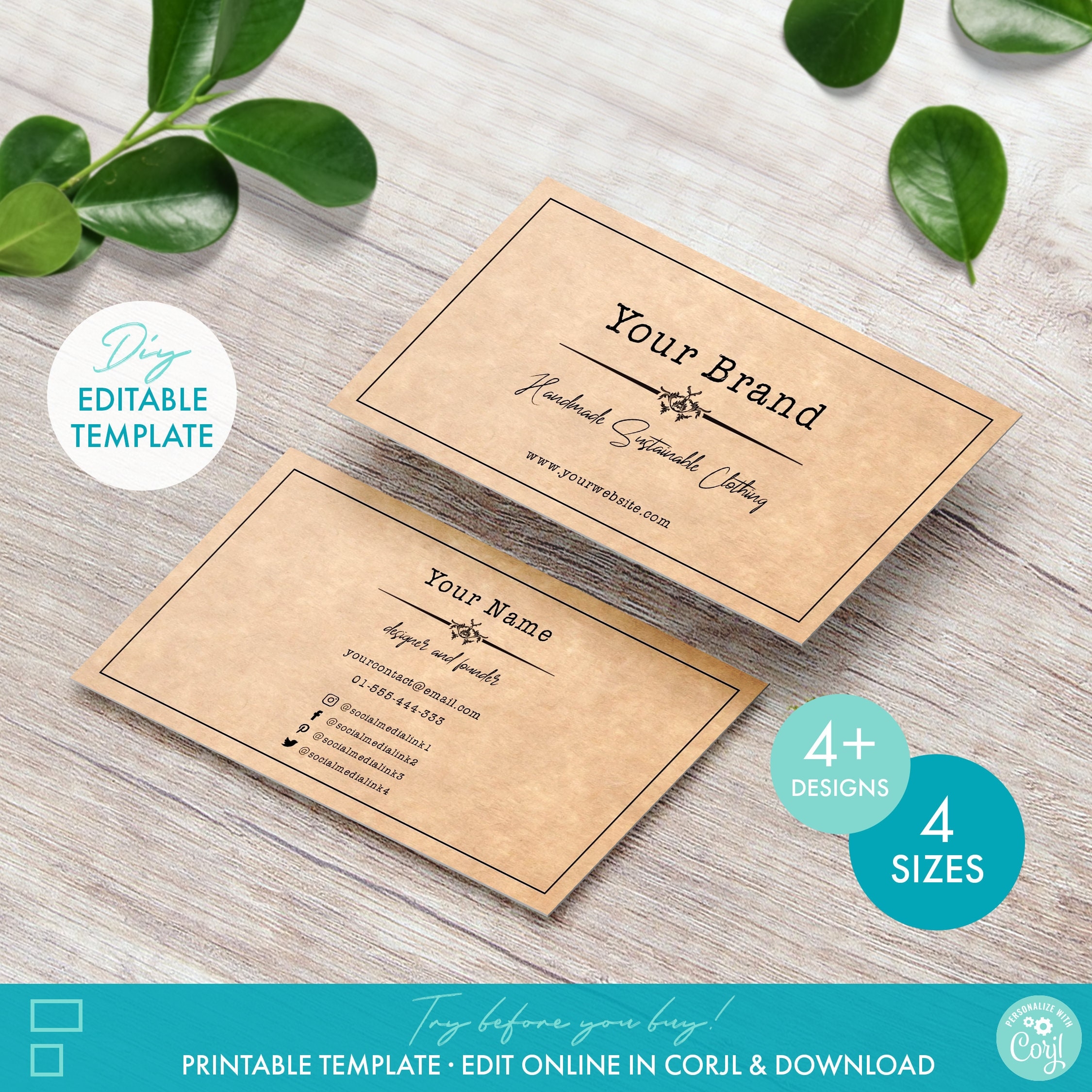 Printable Vintage Business Card Template Editable Custom Kraft Square Business Card Design DIY Rustic Sustainable Business Card Download Etsy