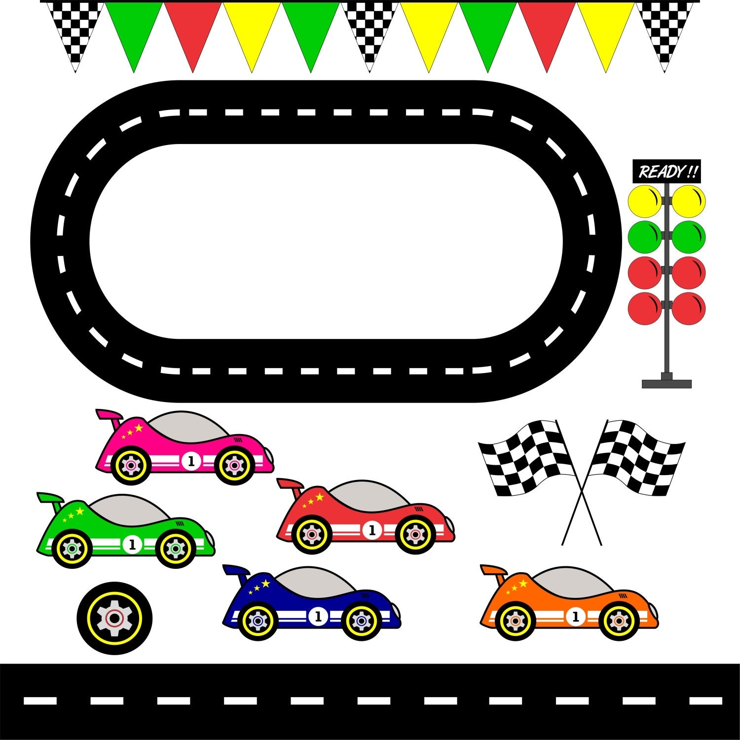 Racing Cars Race Track Clipart Checkered Flag Graphic Image Printable Scrapbook Digital Image Instant Download Commercial Use