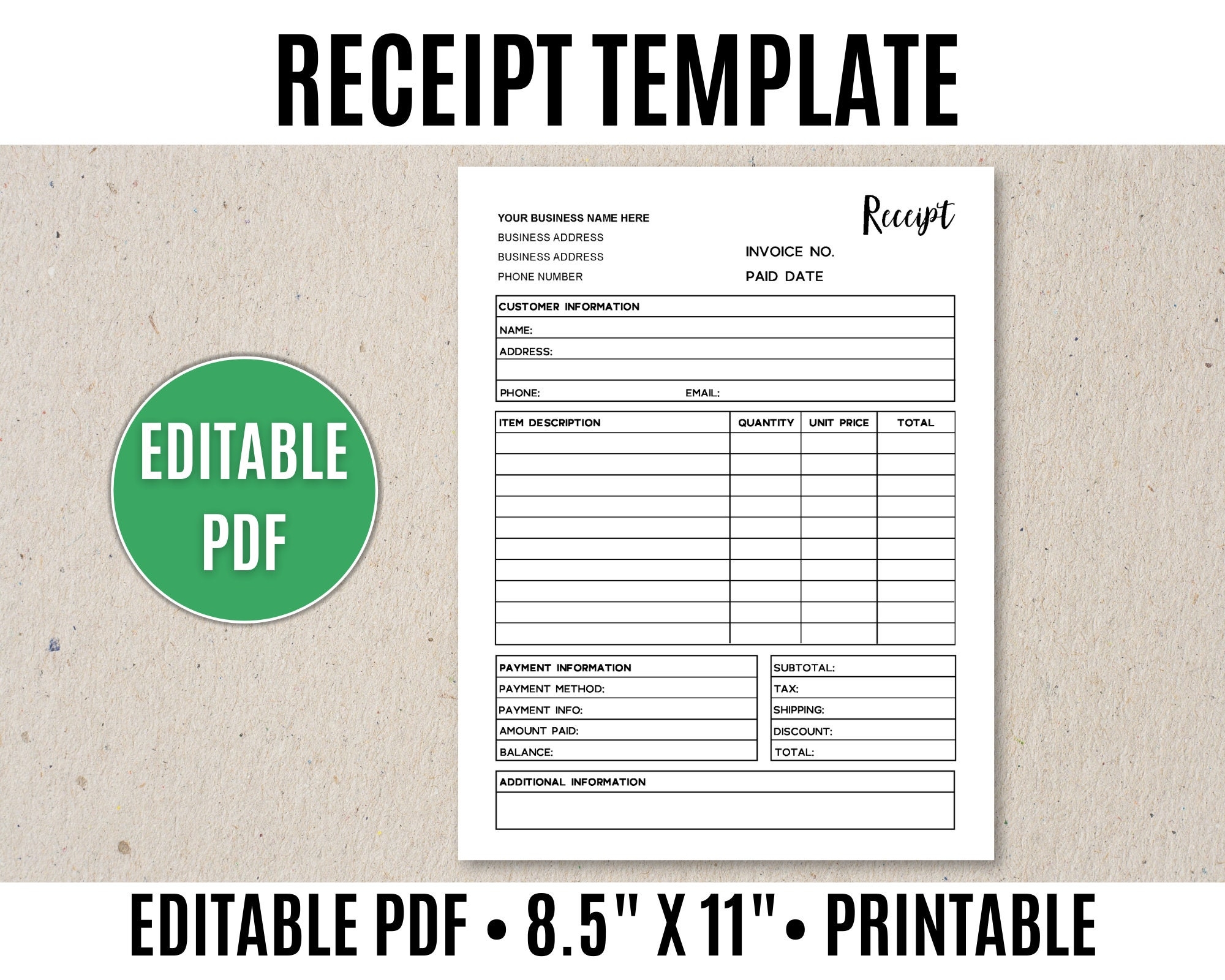 Receipt Template Editable Printable Order Receipt Editable PDF Receipt Template Editable Printable Order Receipt Editable PDF