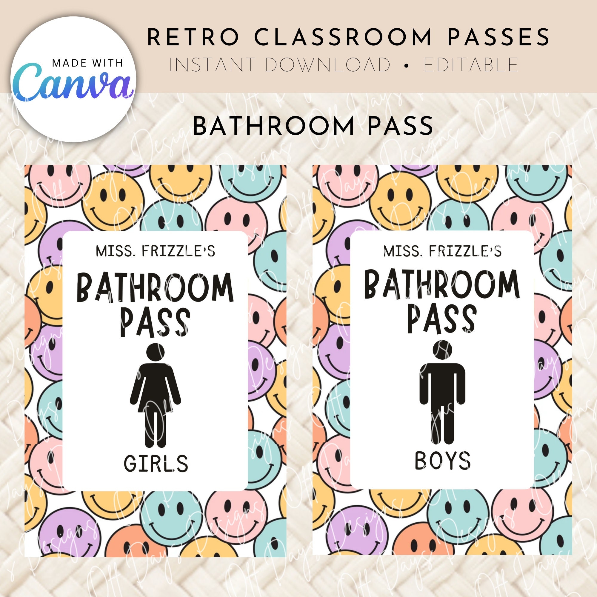Retro Theme Classroom Bathroom hall Passes For Teachers Canva Editable Template DIGITAL Customizable Printable Etsy