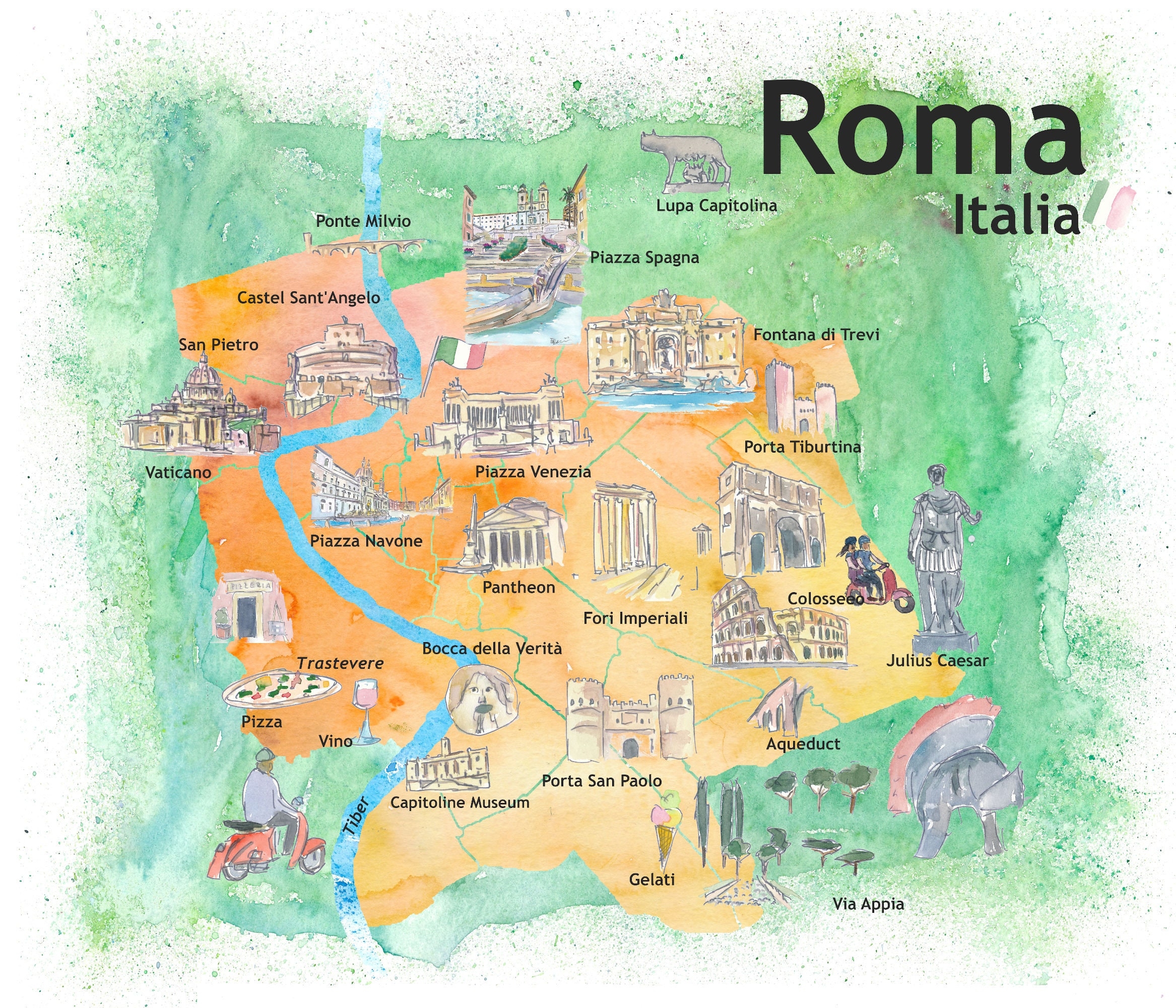 Rome Italy Illustrated Travel Poster Favorite Map Tourist Rome Italy Illustrated Travel Poster Favorite Map Tourist