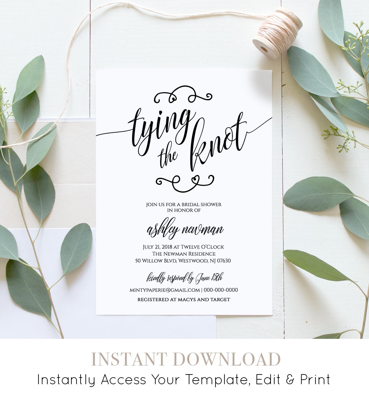 Rustic Bridal Shower Invitation Printable Tying The Knot Wedding 