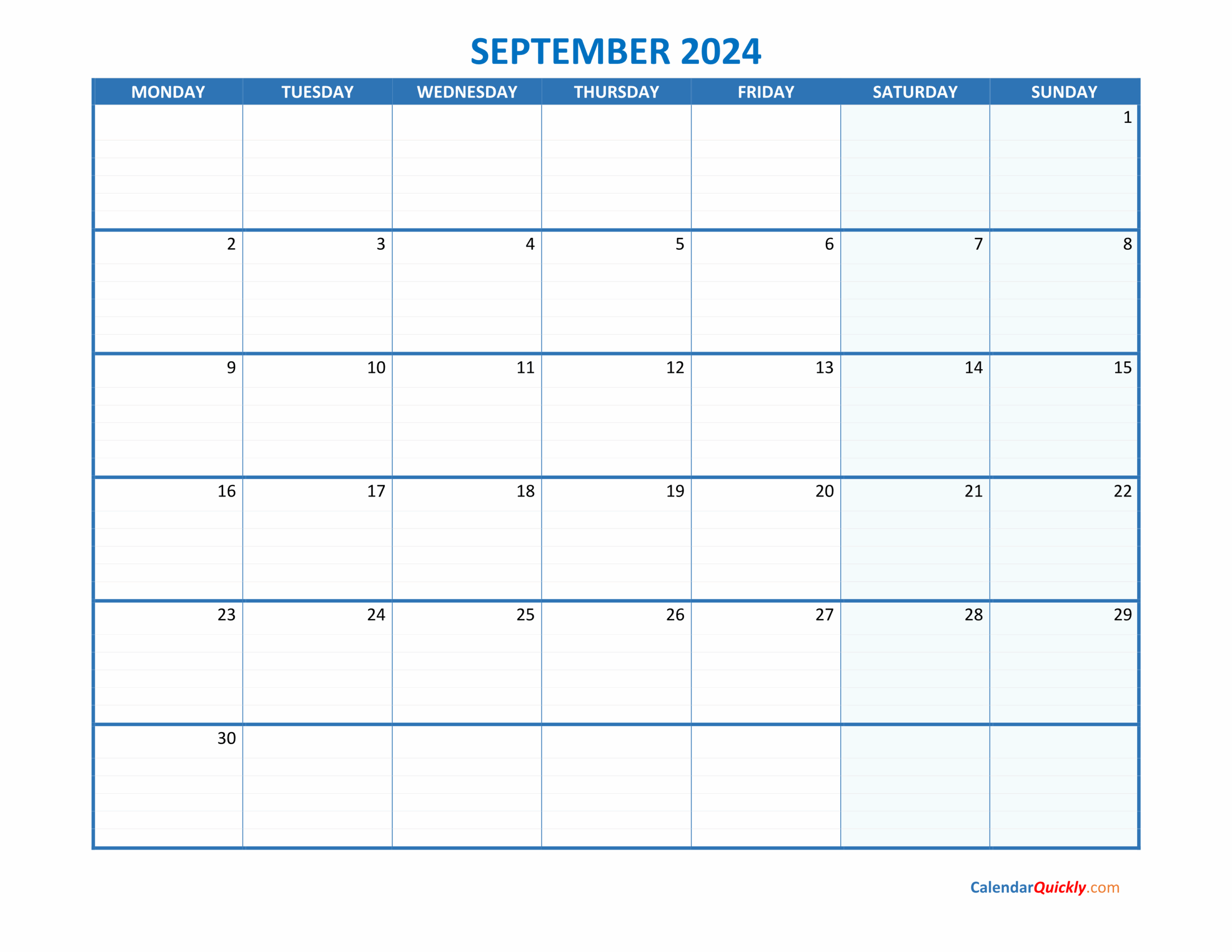 September Monday 2024 Blank Calendar Calendar Quickly