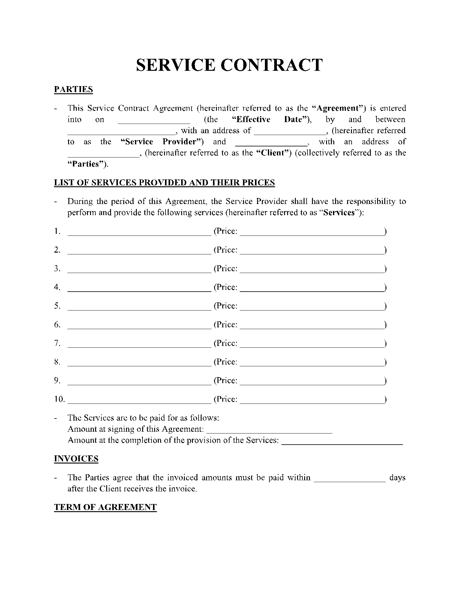 Free Printable Service Contract Template