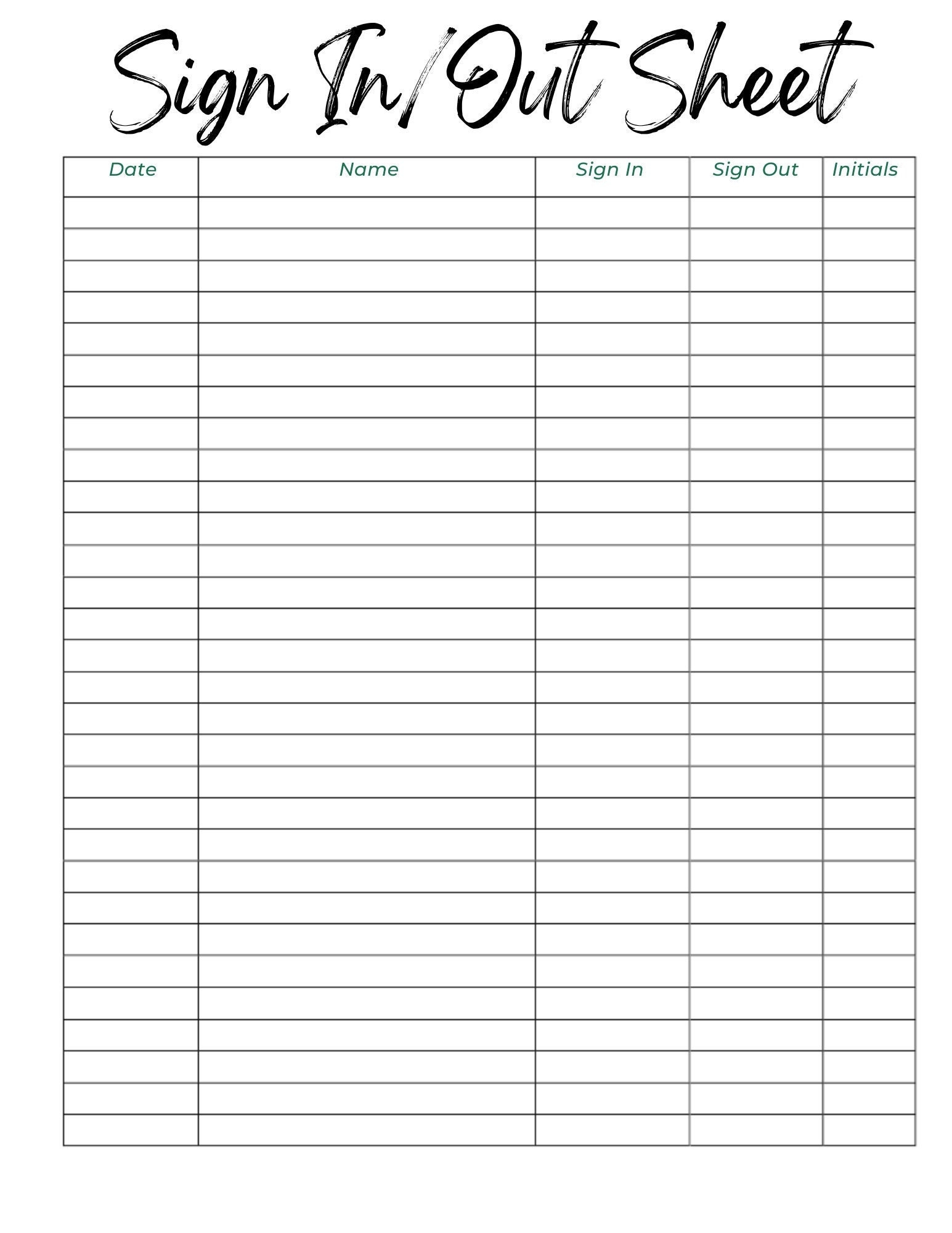 Sign In And Out Sheet Printable Form Digital File Instant Download Editable Black Aqua White Edition