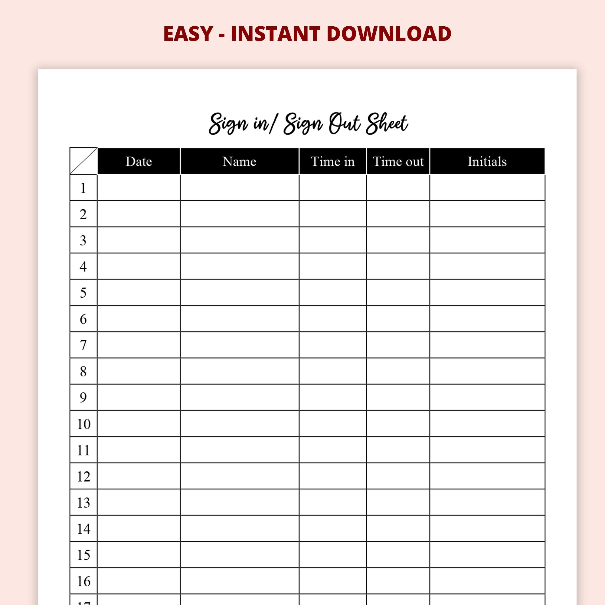 Sign In Sign Out Sheet Template Printable Editable Sign In 