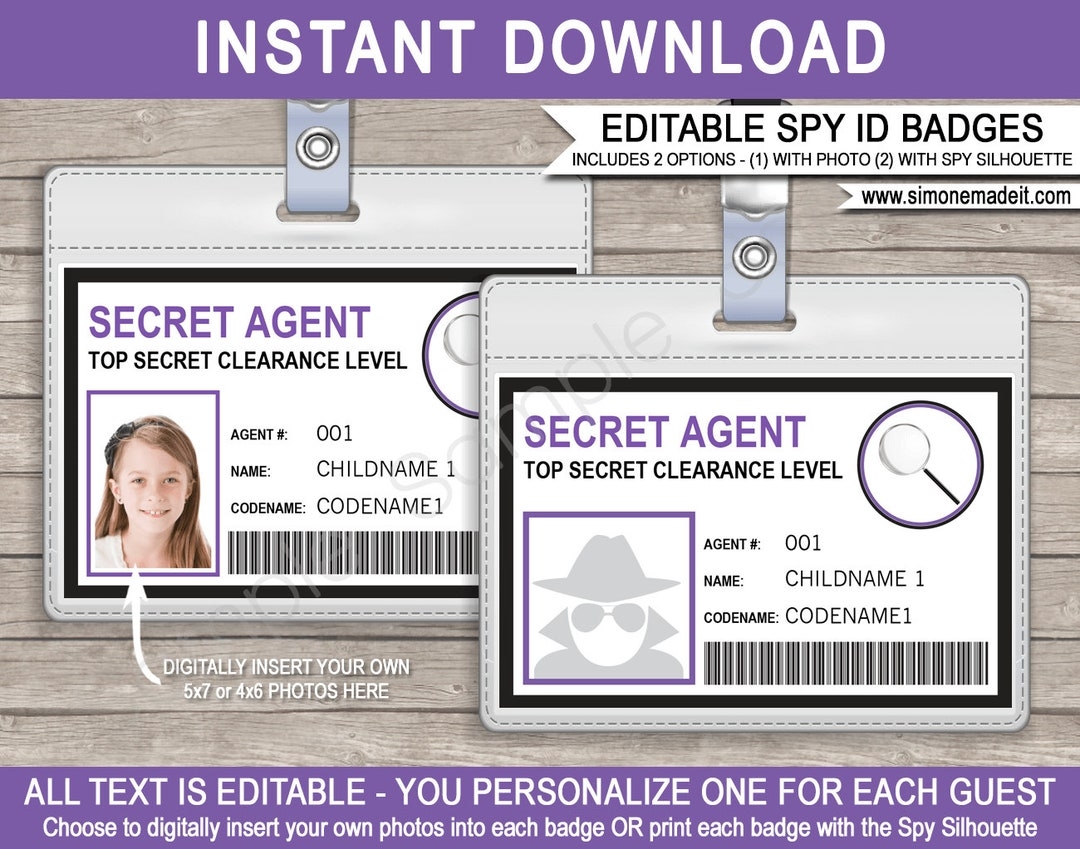 Spy Birthday Party Printables Secret Agent Badge Printable ID Badge INSTANT DOWNLOAD With Editable Text You Personalize At Home Etsy UK