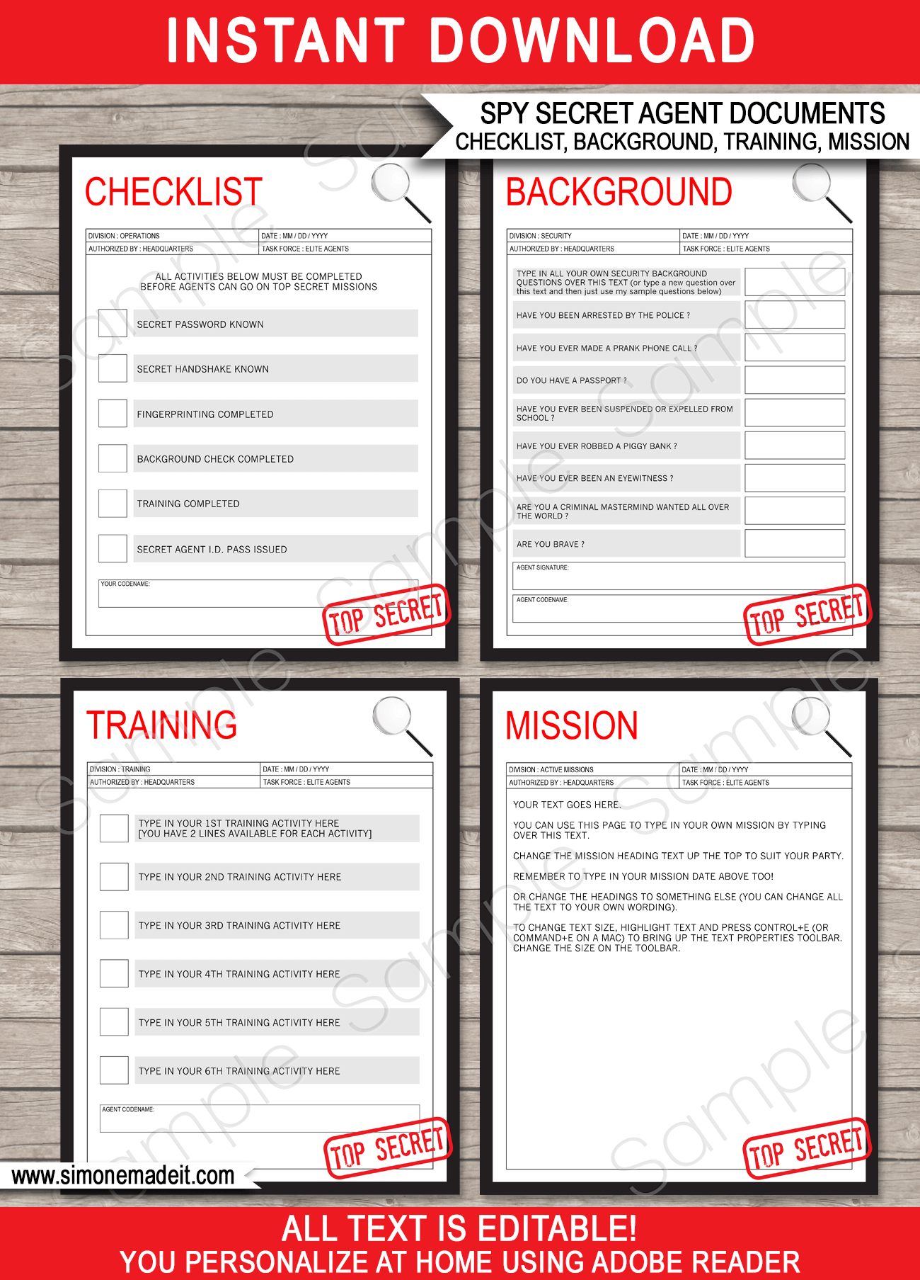 Spy Party Mission U0026 Activities Checklist Templates Red