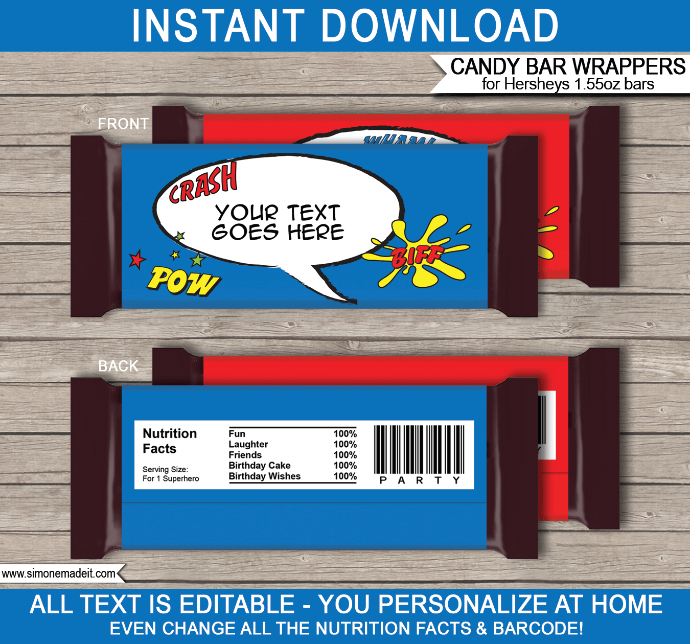 Superhero Hershey Candy Bar Wrappers Template Blue