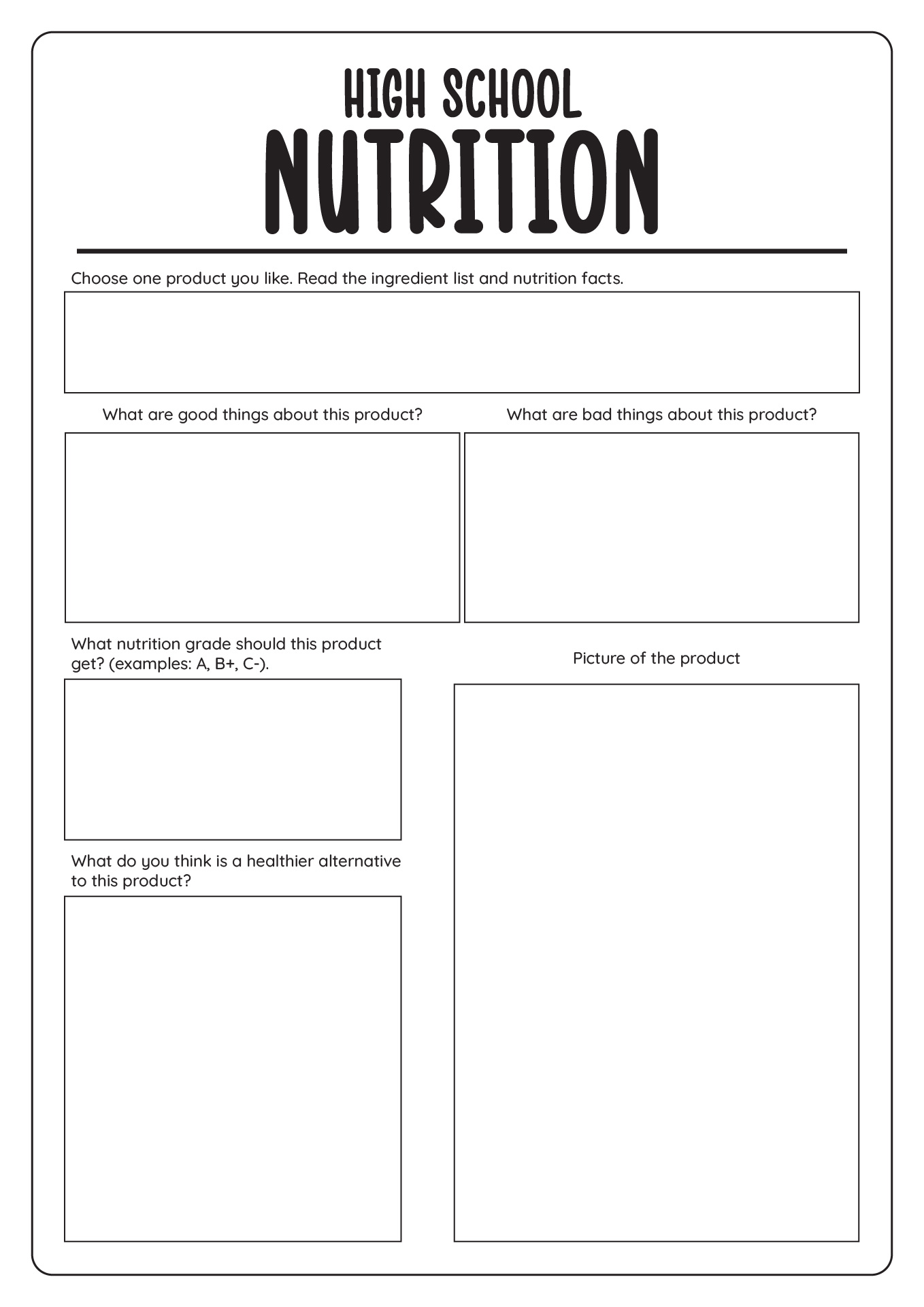 High School Free Printable Nutrition Worksheets