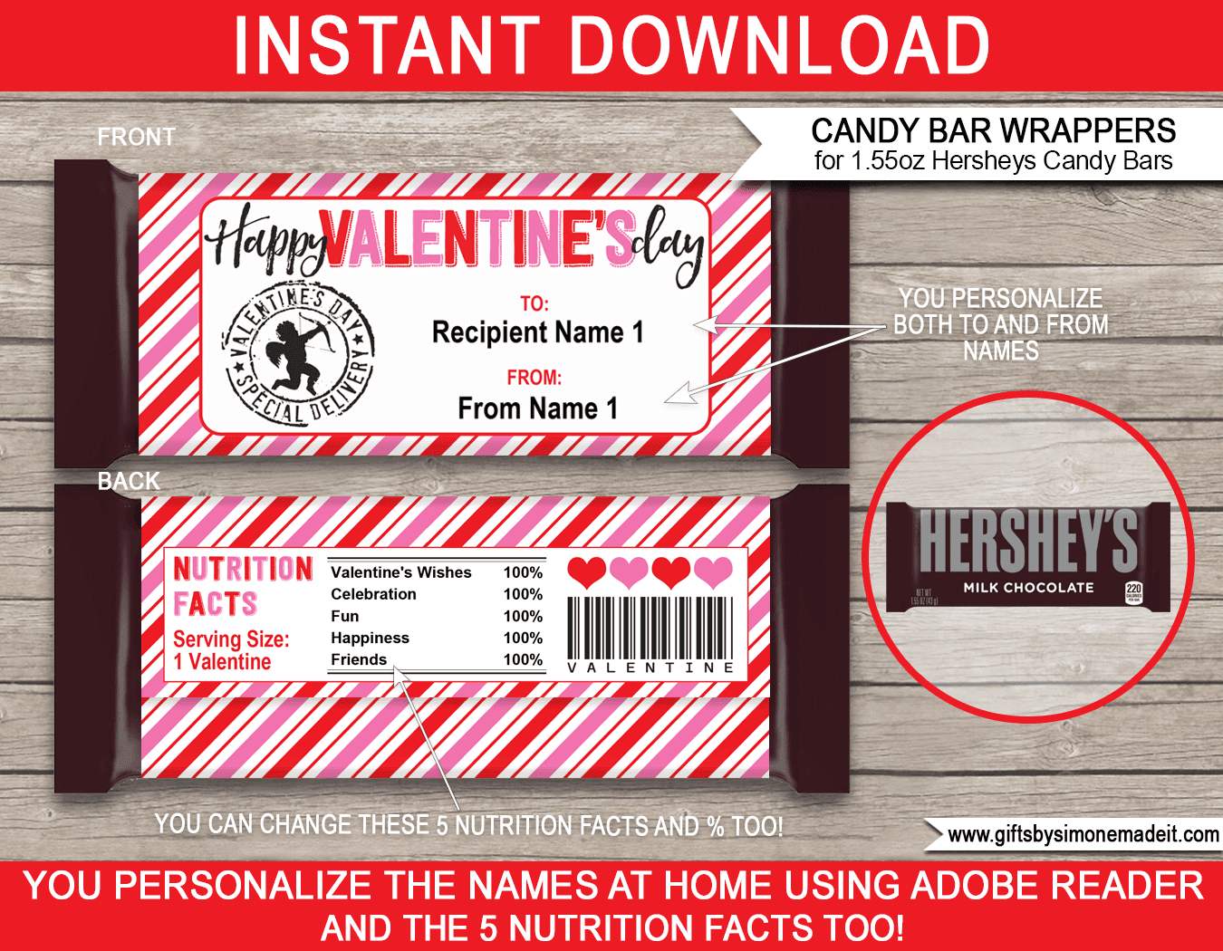Valentine Candy Bar Wrappers 1 55oz Hersheys Cupid Stamp