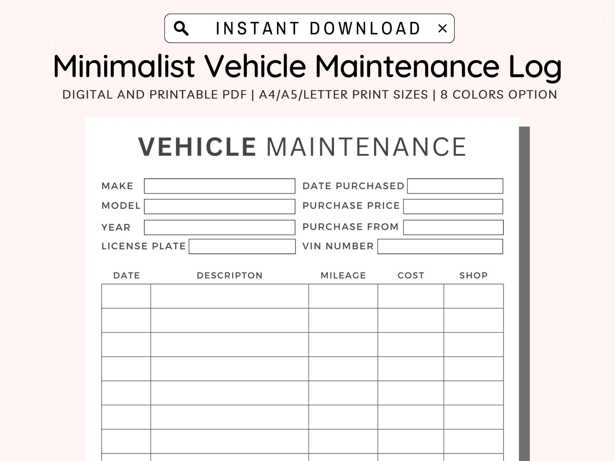 Vehicle Maintenance Log Printable Vehicle Service Tracker 
