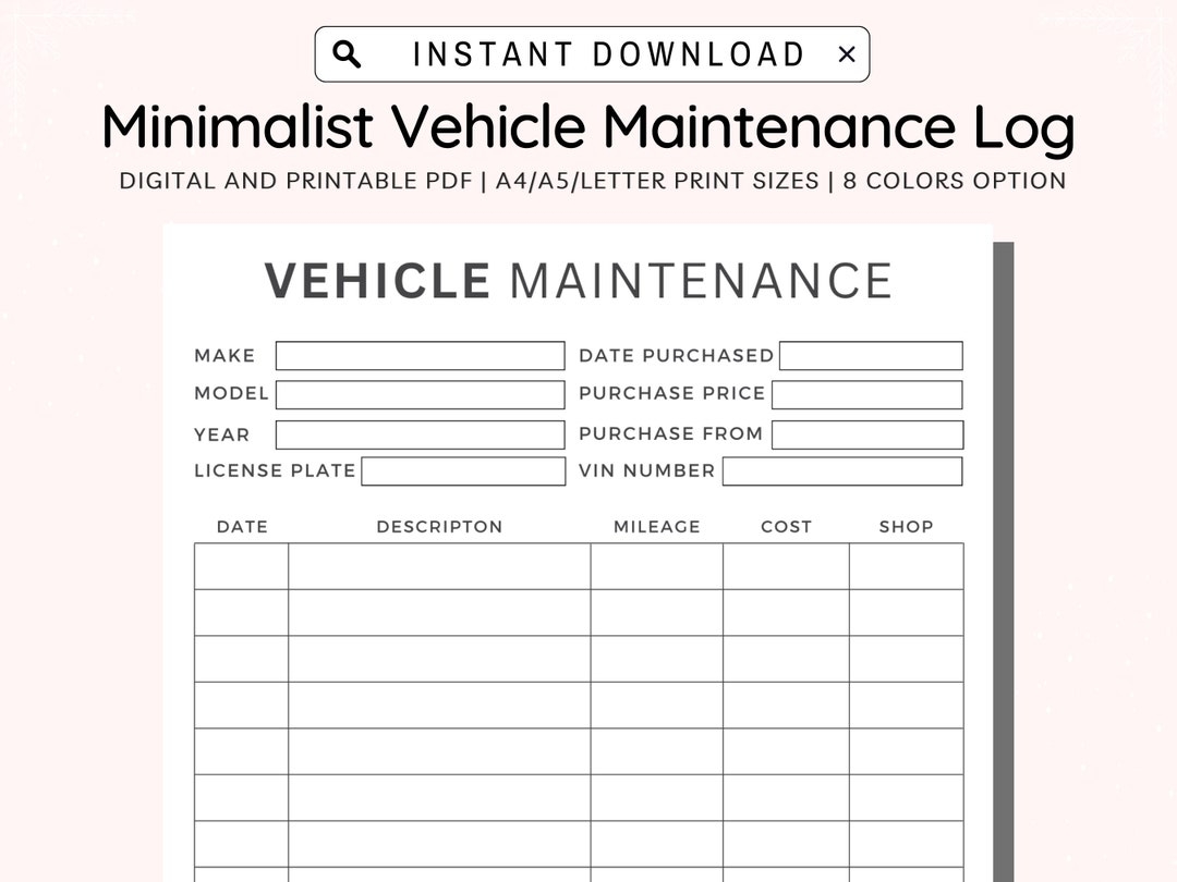 Vehicle Maintenance Log Printable Vehicle Service Tracker Vehicle Repairs Expense Tracker Car Maintenance A4 a5 letter half Letter PDF Etsy
