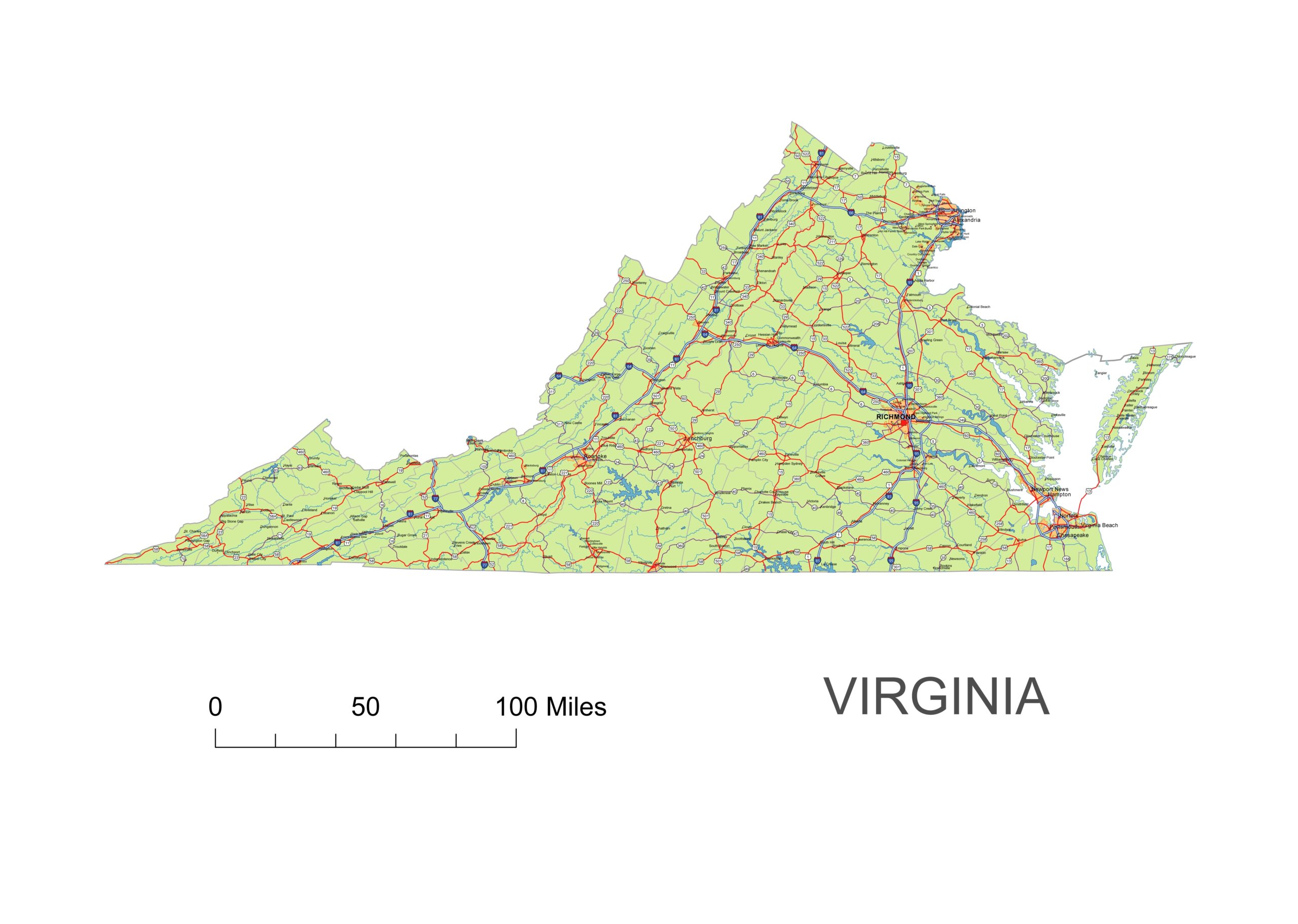 Virginia State Vector Road Map Printable Vector Maps
