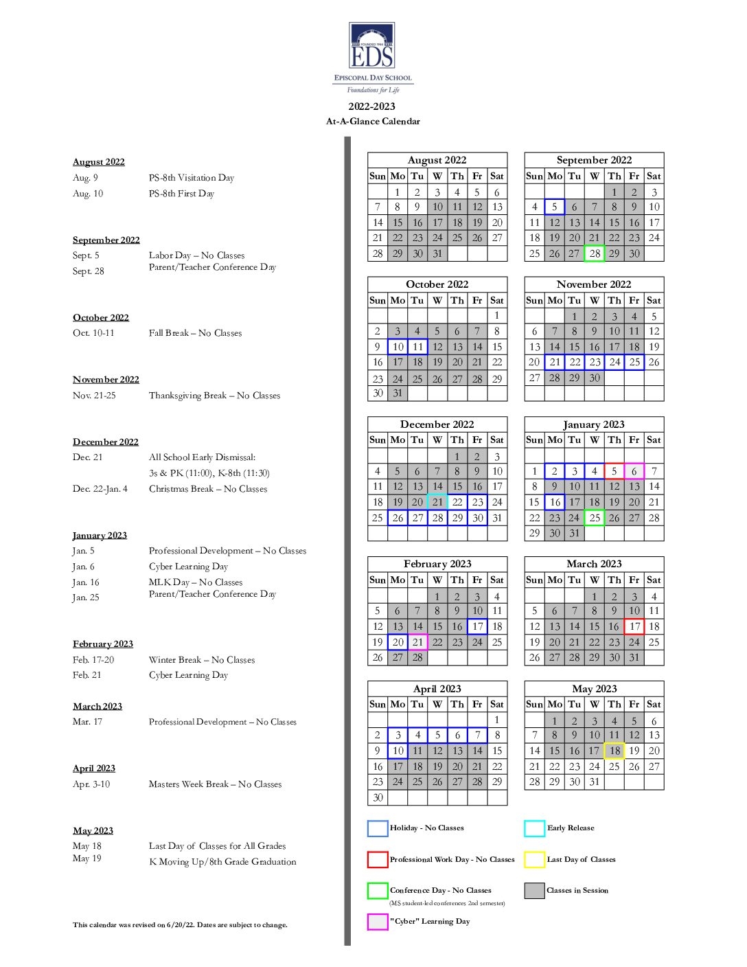 2022 2023 At A Glance Calendar Episcopal Day School Augusta