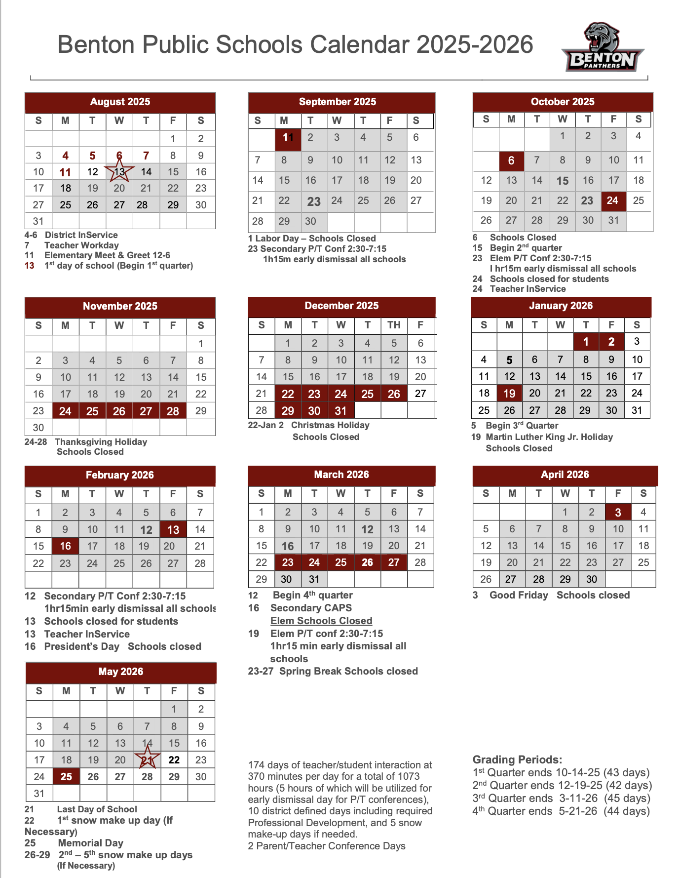 Augusta School Calendar 2025-2026