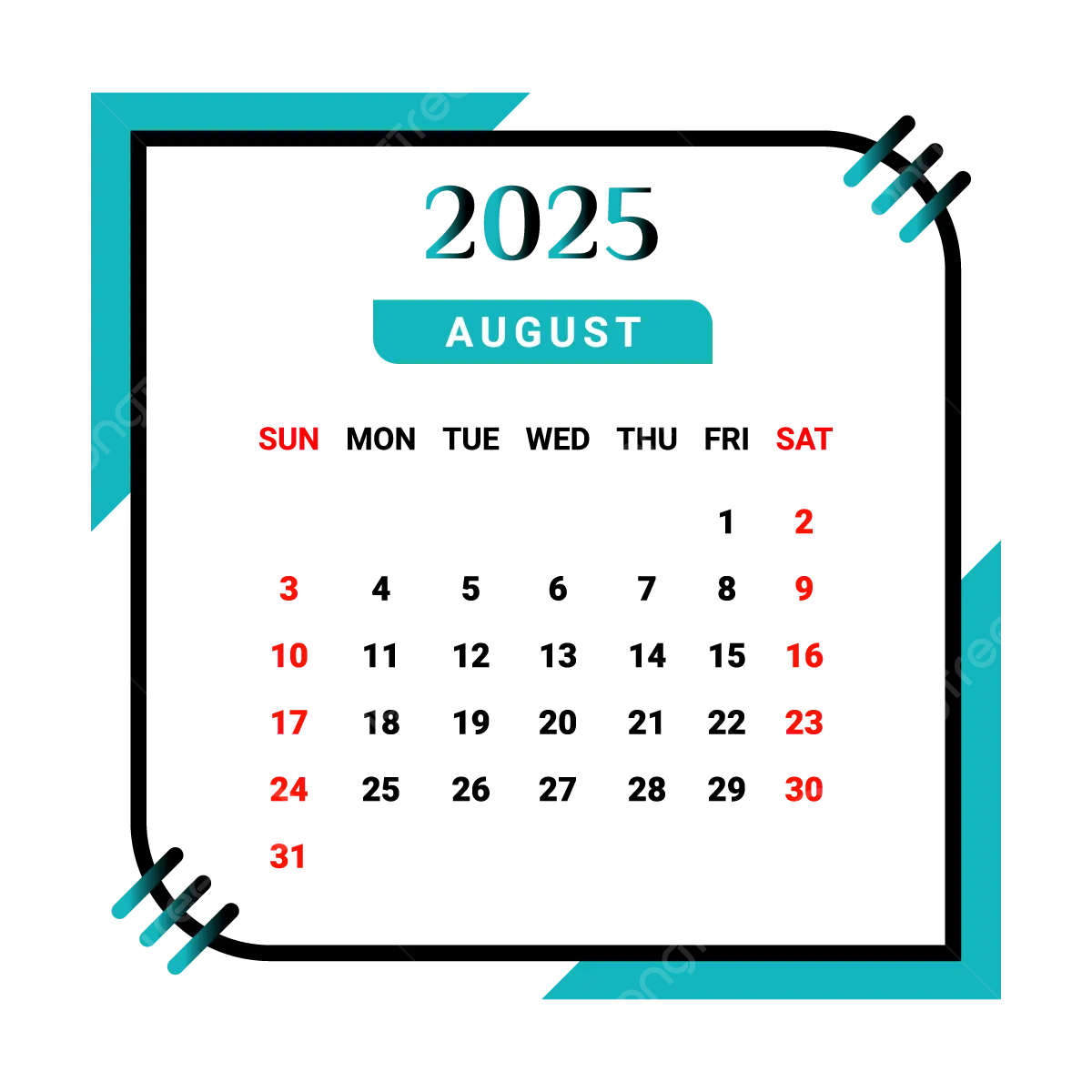 2025 August Month Calendar With Black And Green Vector Monthly Calendar Calendar August 2025 PNG And Vector With Transparent Background For Free Download