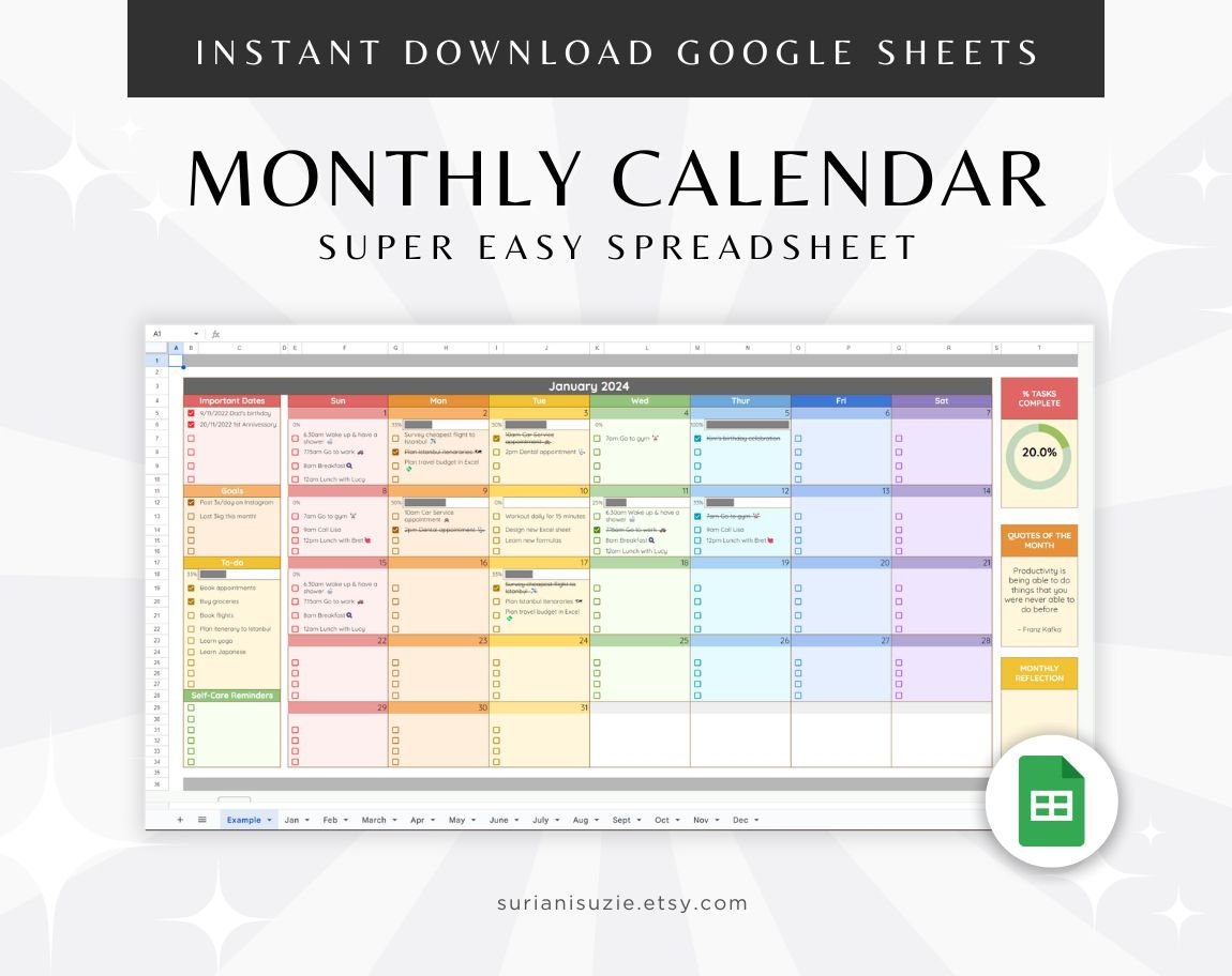 2025 Calendar Google Sheets Excel Template Spreadsheet Monthly 