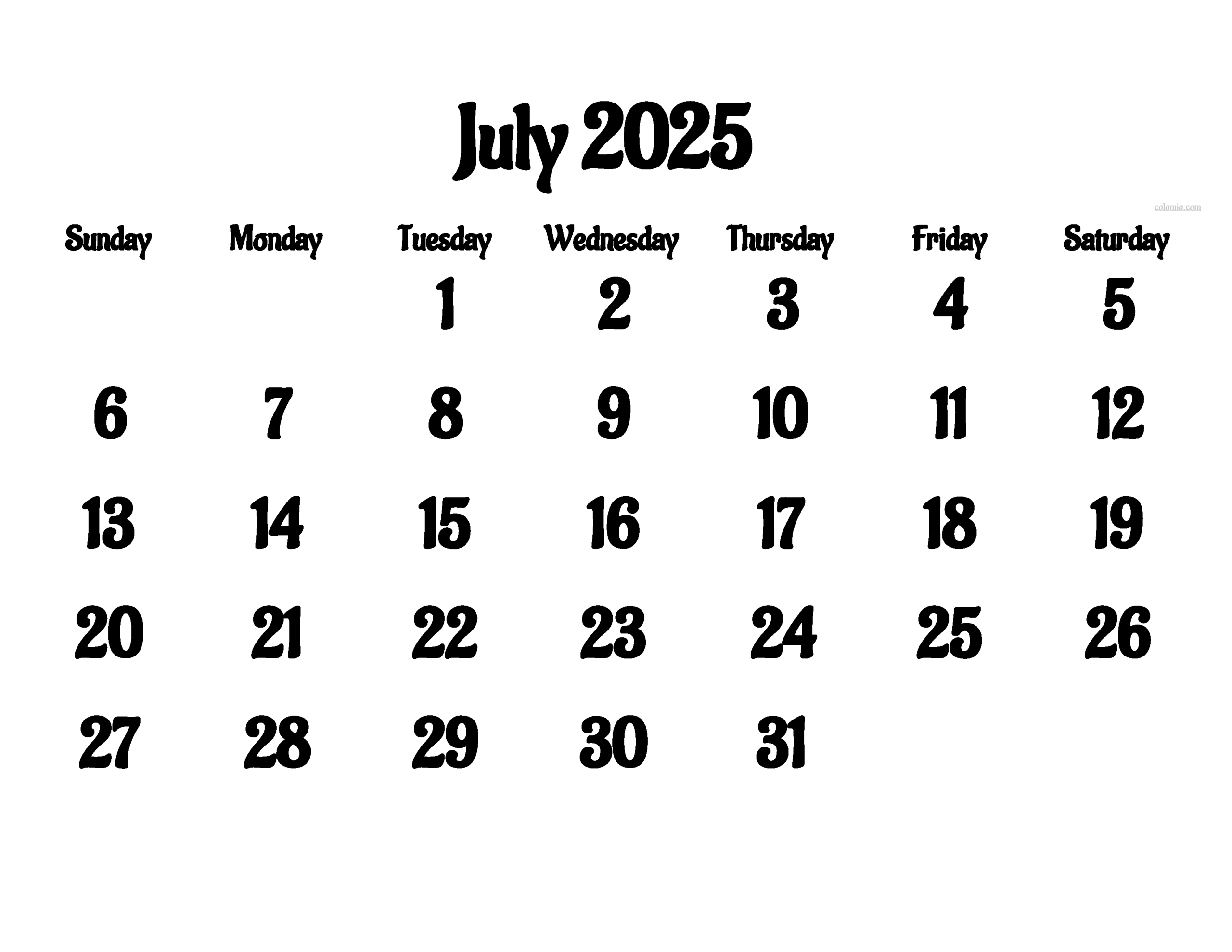 2025 Calender July
