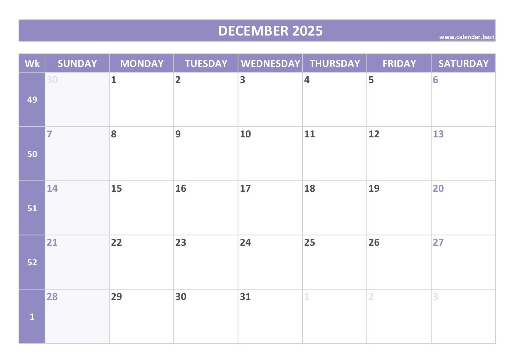 Weekly Calendar For December 2025