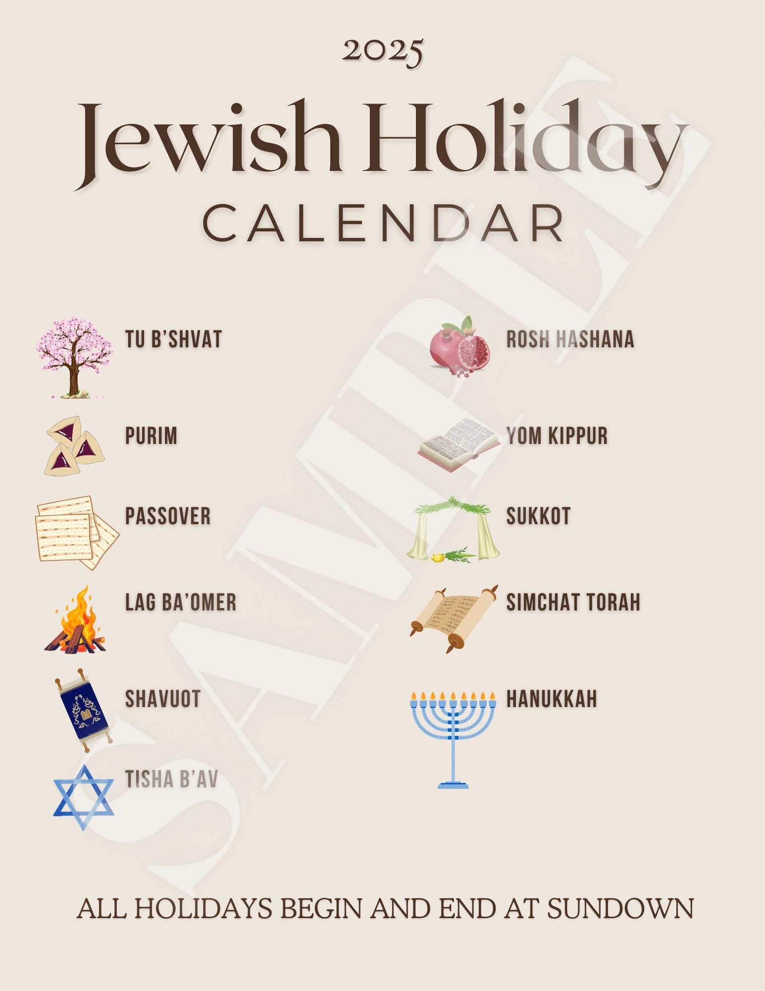 2025 Jewish Holiday Calendar Etsy UK