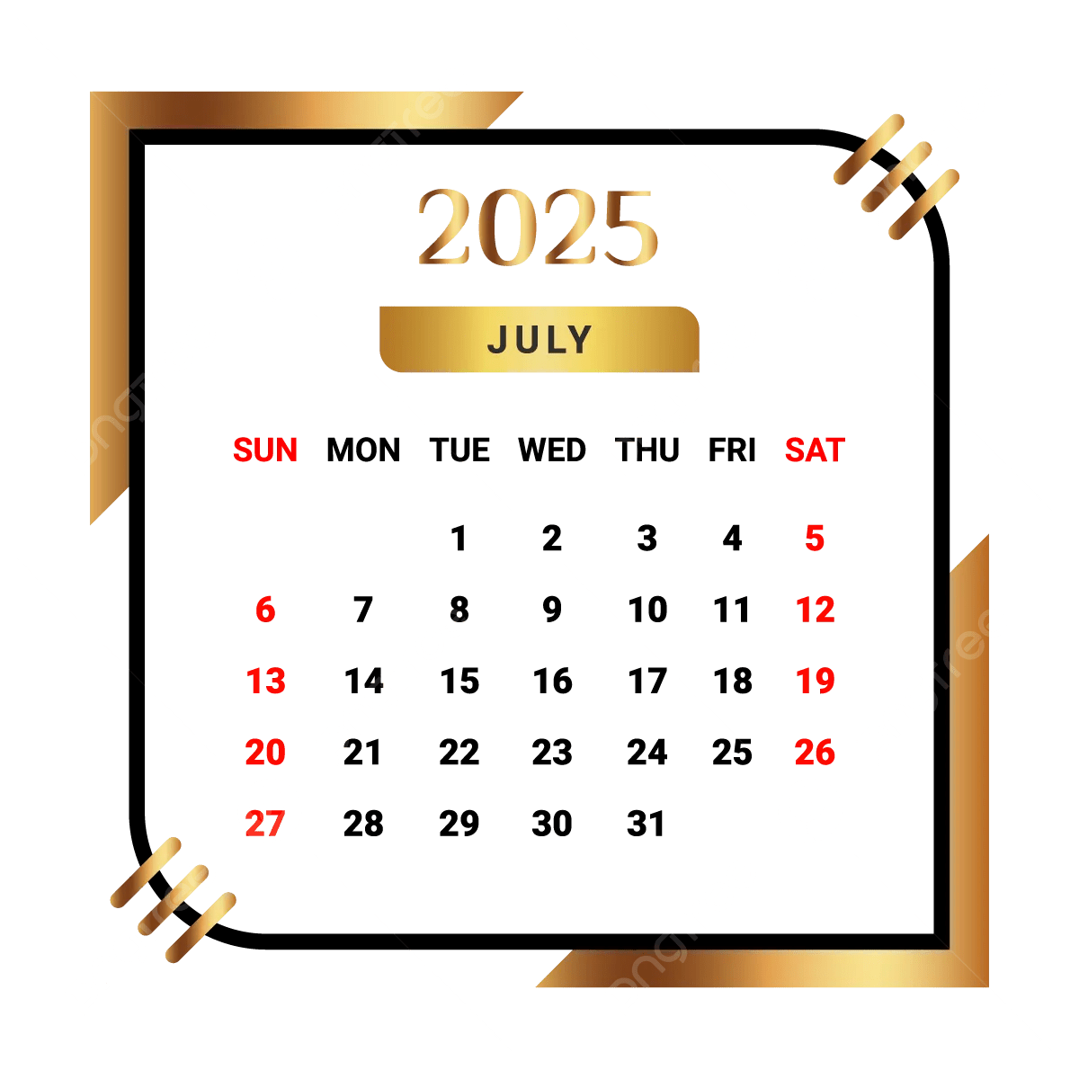 2025 July Month Calendar With Black And Golden Vector Monthly Calendar Calendar July 2025 PNG And Vector With Transparent Background For Free Download