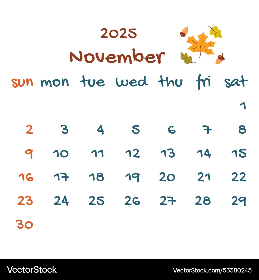 2025 November Calendar With Autumn Leaves Vector Image