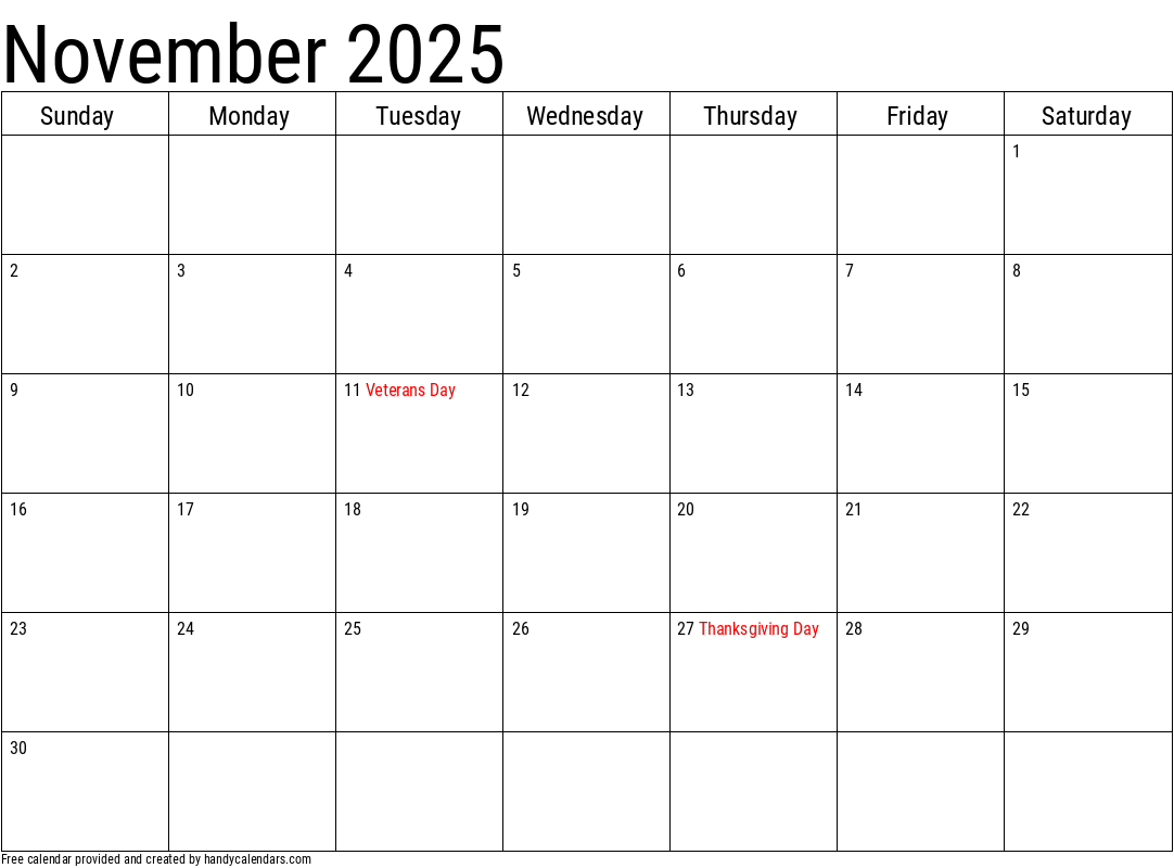 November Calendar Days 2025