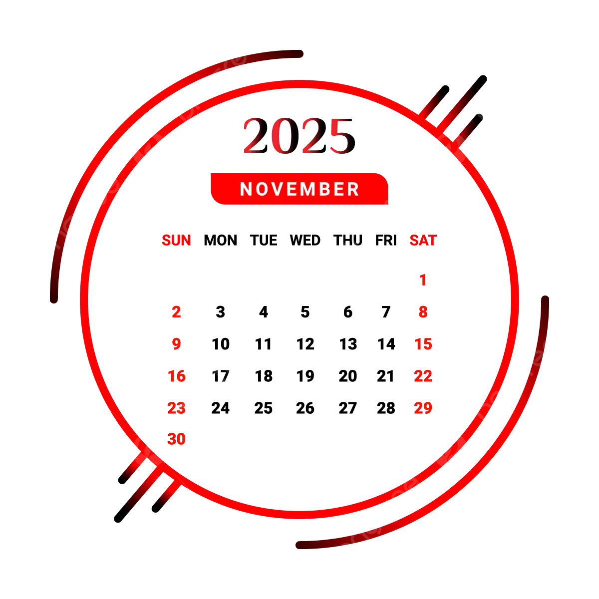 2025 November Month Calendar Red And Black Vector Monthly Calendar Calendar November 2025 PNG And Vector With Transparent Background For Free Download