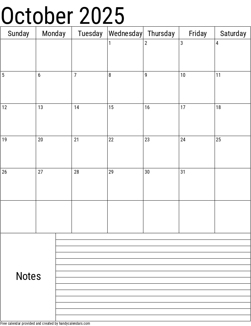 Vertical Calendar October 2025
