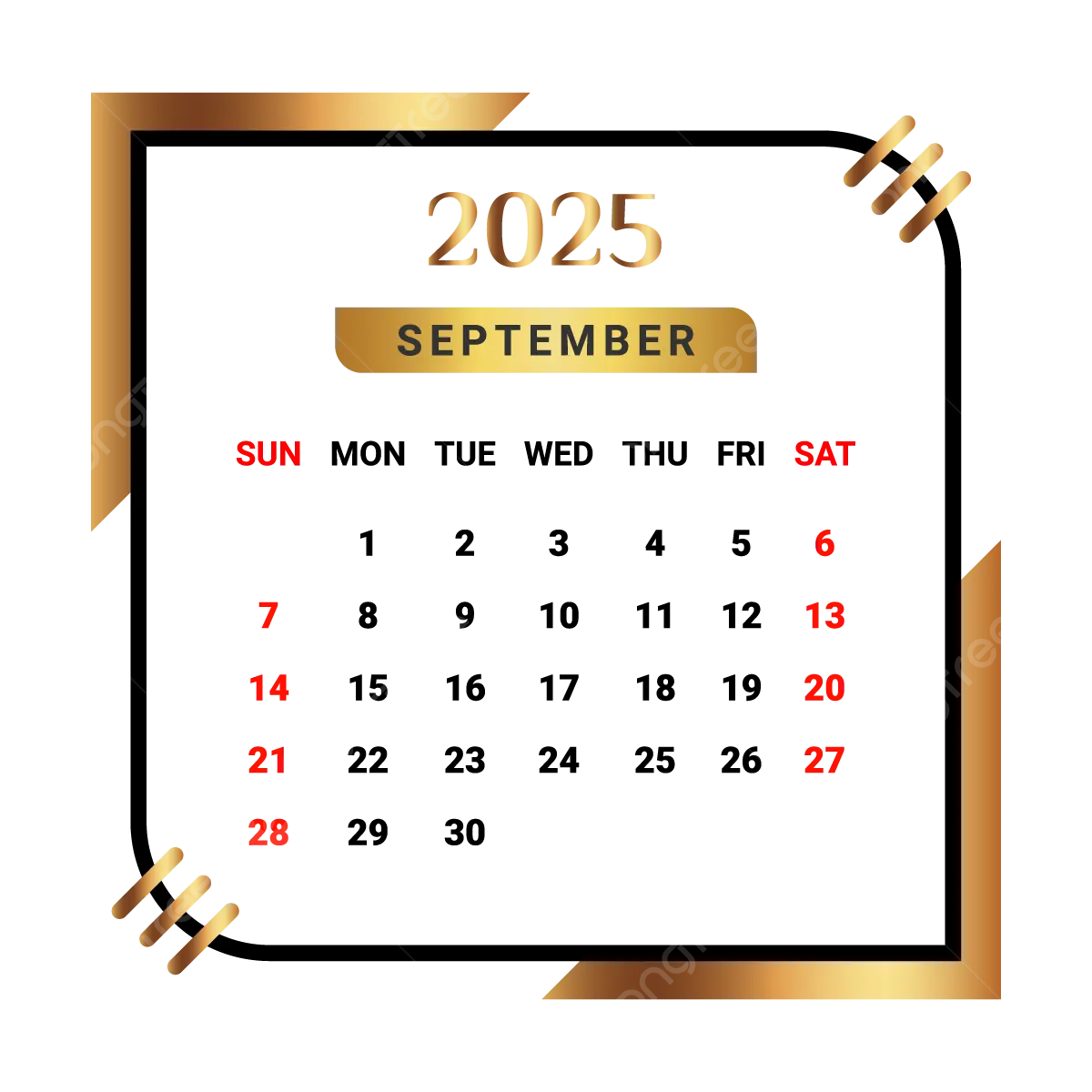 2025 September Month Calendar With Black And Golden Vector Monthly Calendar Calendar September 2025 PNG And Vector With Transparent Background For Free Download