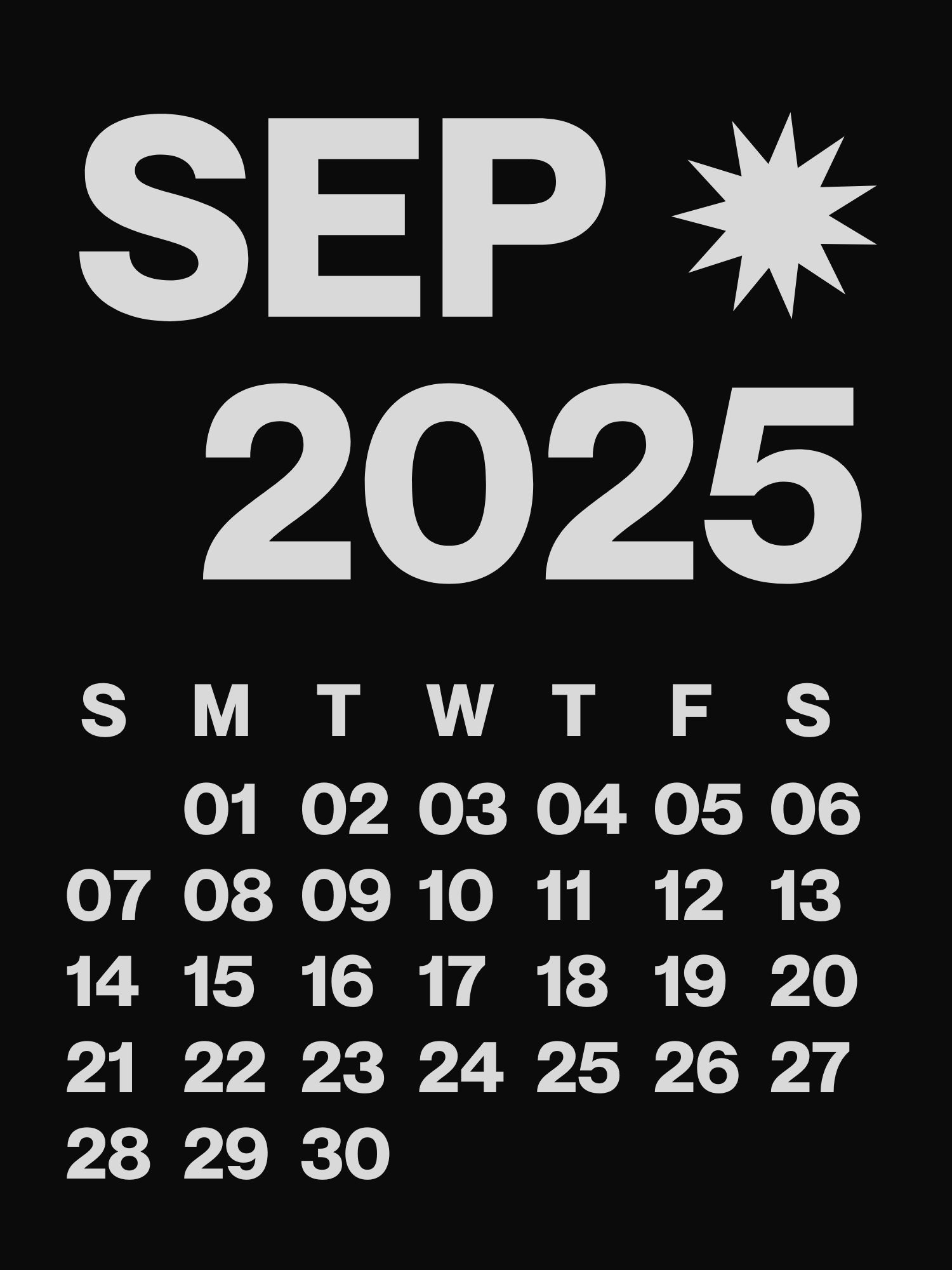 September 2025 Calendar Black Background