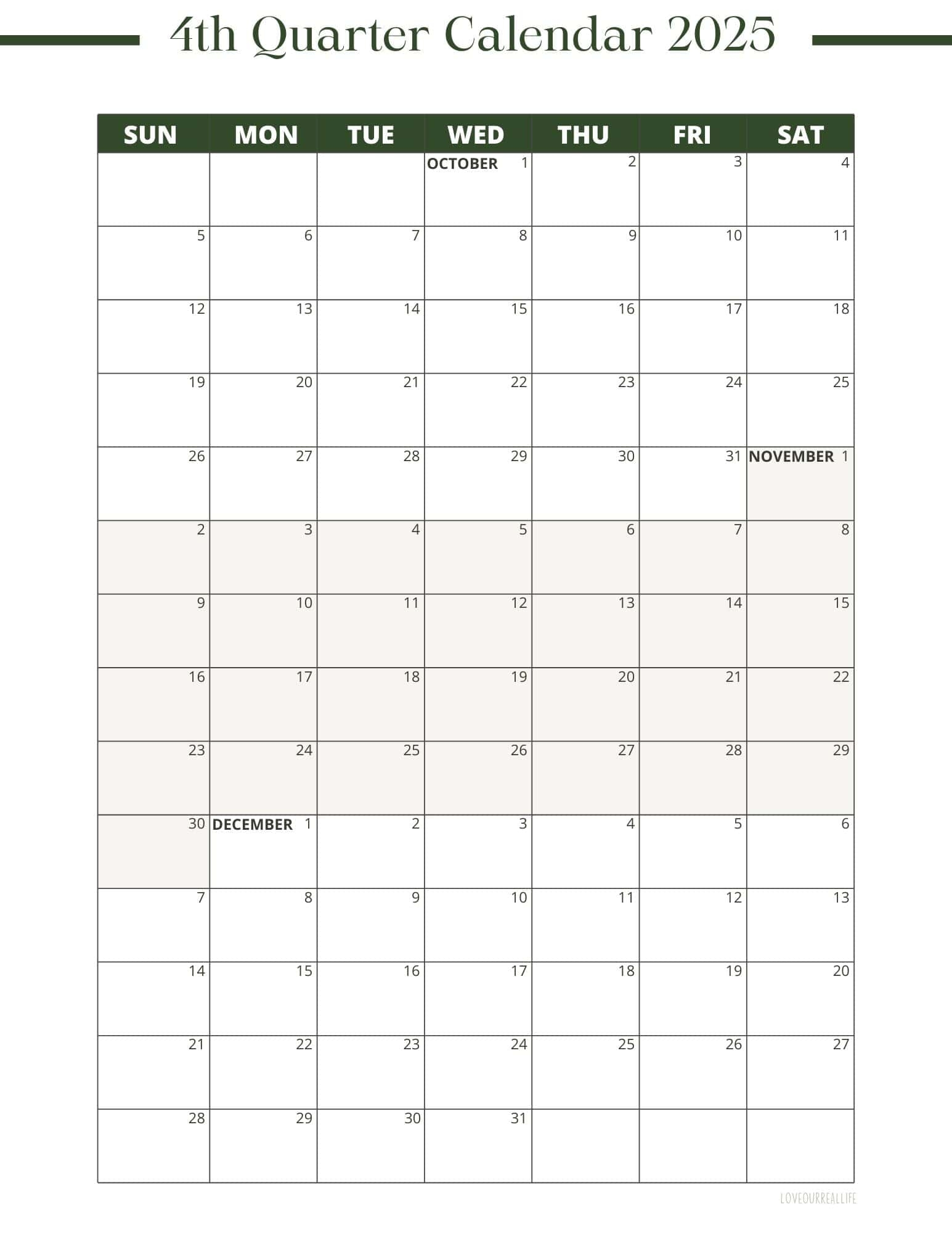 3 Month Calendar 2025 October