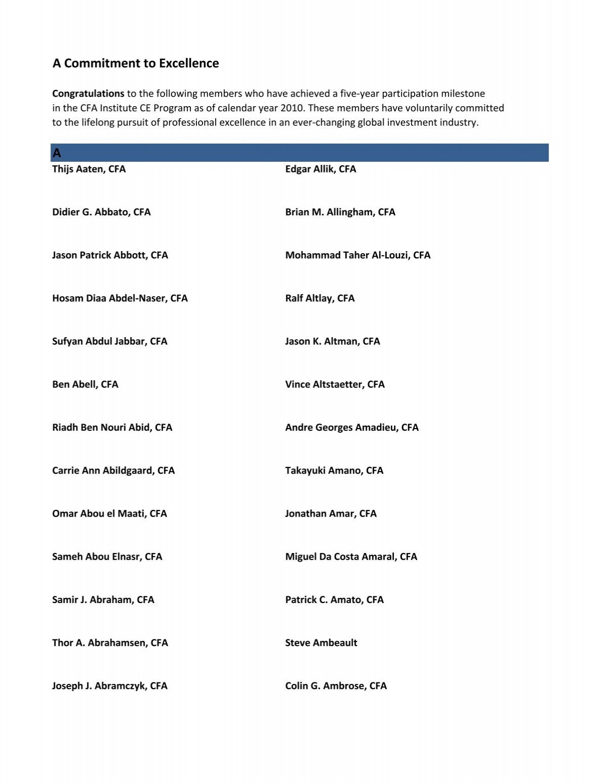 A Commitment To Excellence A CFA Institute
