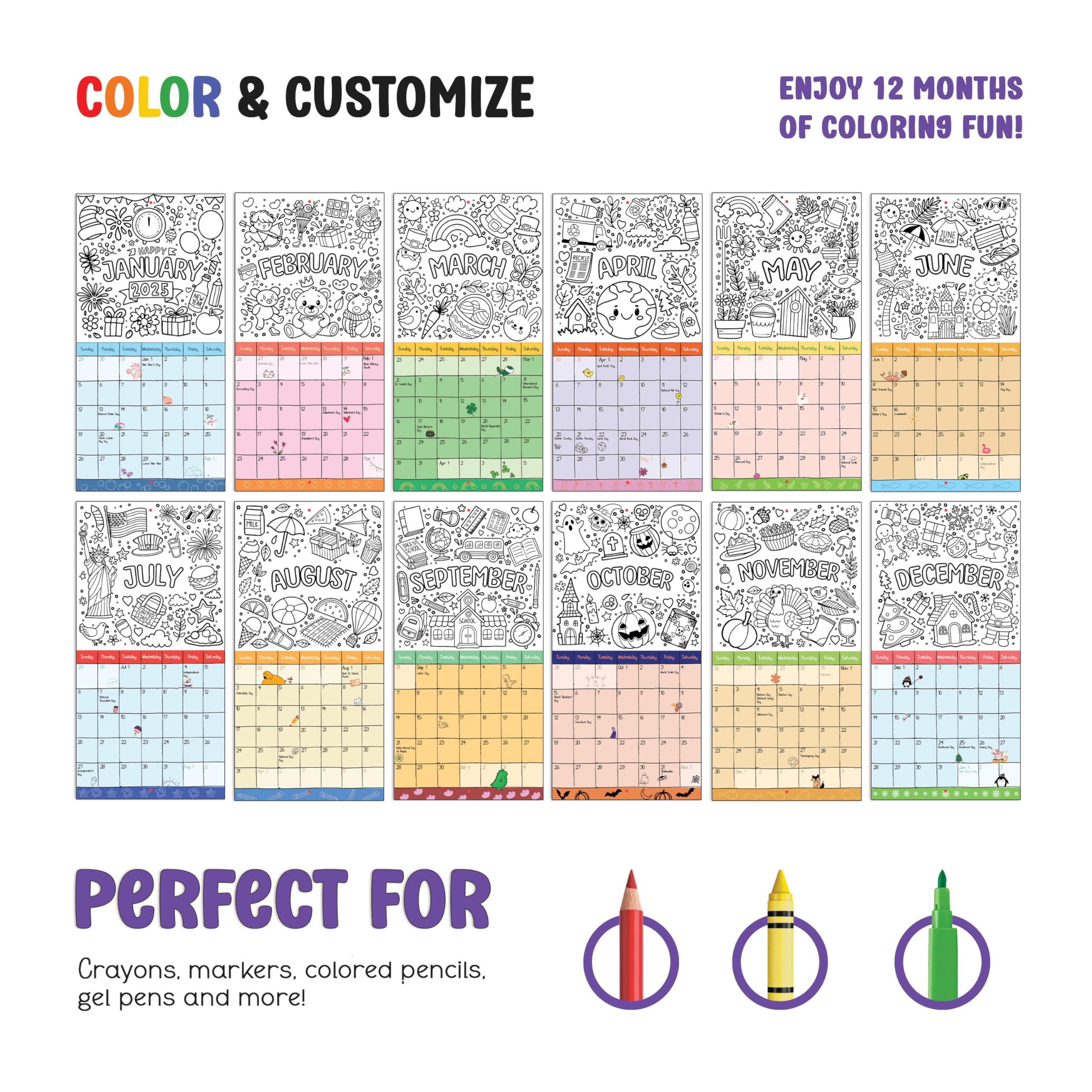 Amazon Kids Calendar 2025 Coloring Wall Calendar For Kids 